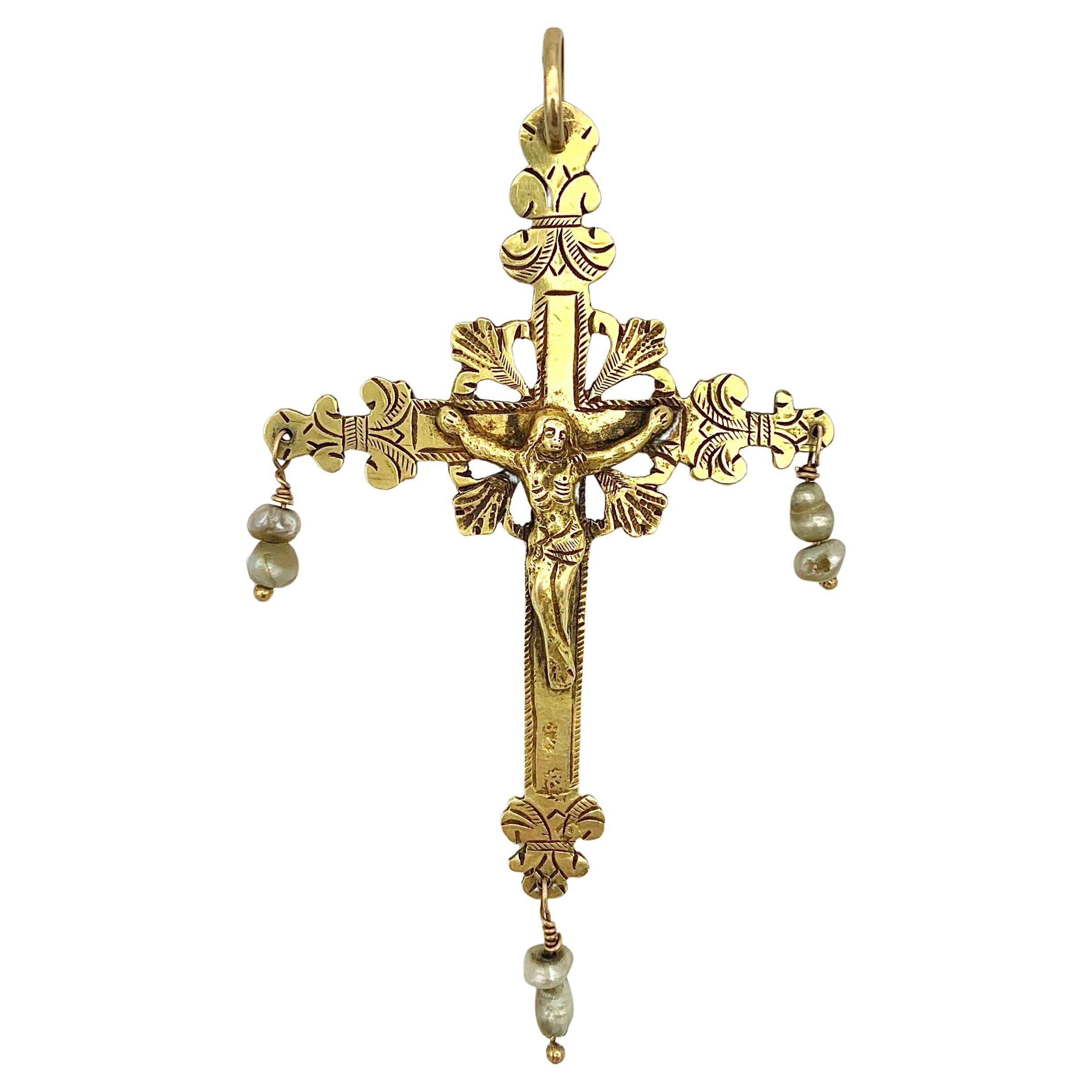 Antique 18th Century 14k Gold Cross Crucification Natural Oriental Pearls Italy For Sale