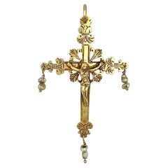 Antiguo Siglo XVIII Oro 14k Cruz Crucificación Perlas Orientales Naturales Italia