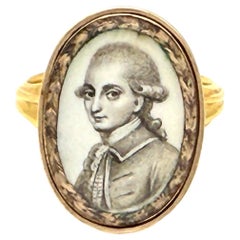 Antique 18th Century 18K Gold Ring Miniature Grisaille Portrait on Porcelain