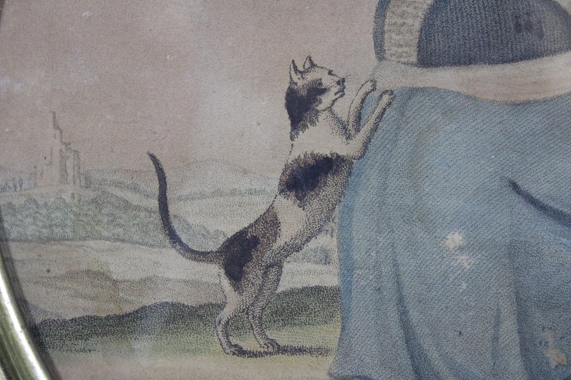 Antique 18th Century American Colored Lithograph Woman in Blue Dress Cat 4