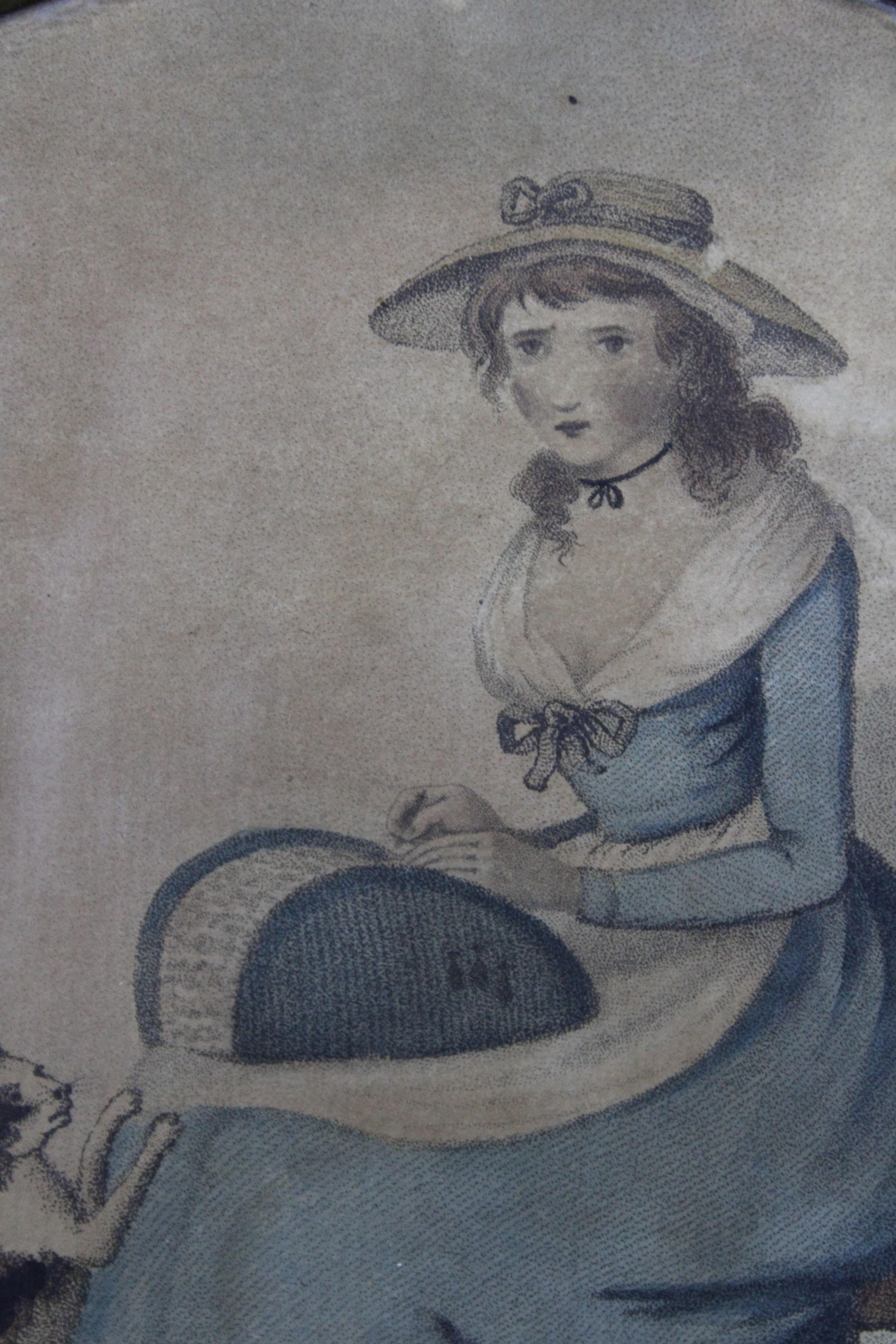Antique 18th Century American Colored Lithograph Woman in Blue Dress Cat 5