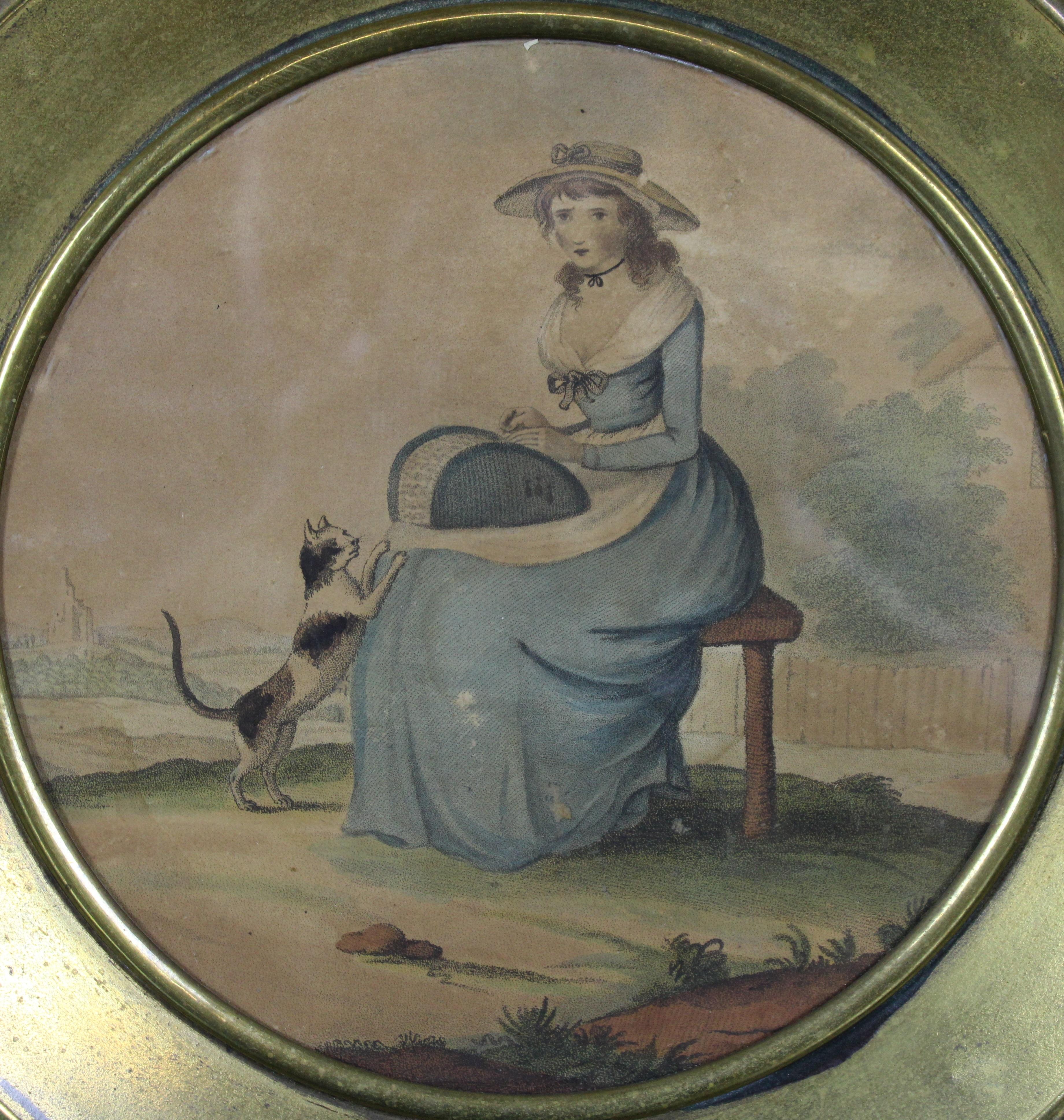 Antique 18th Century American Colored Lithograph Woman in Blue Dress Cat 2