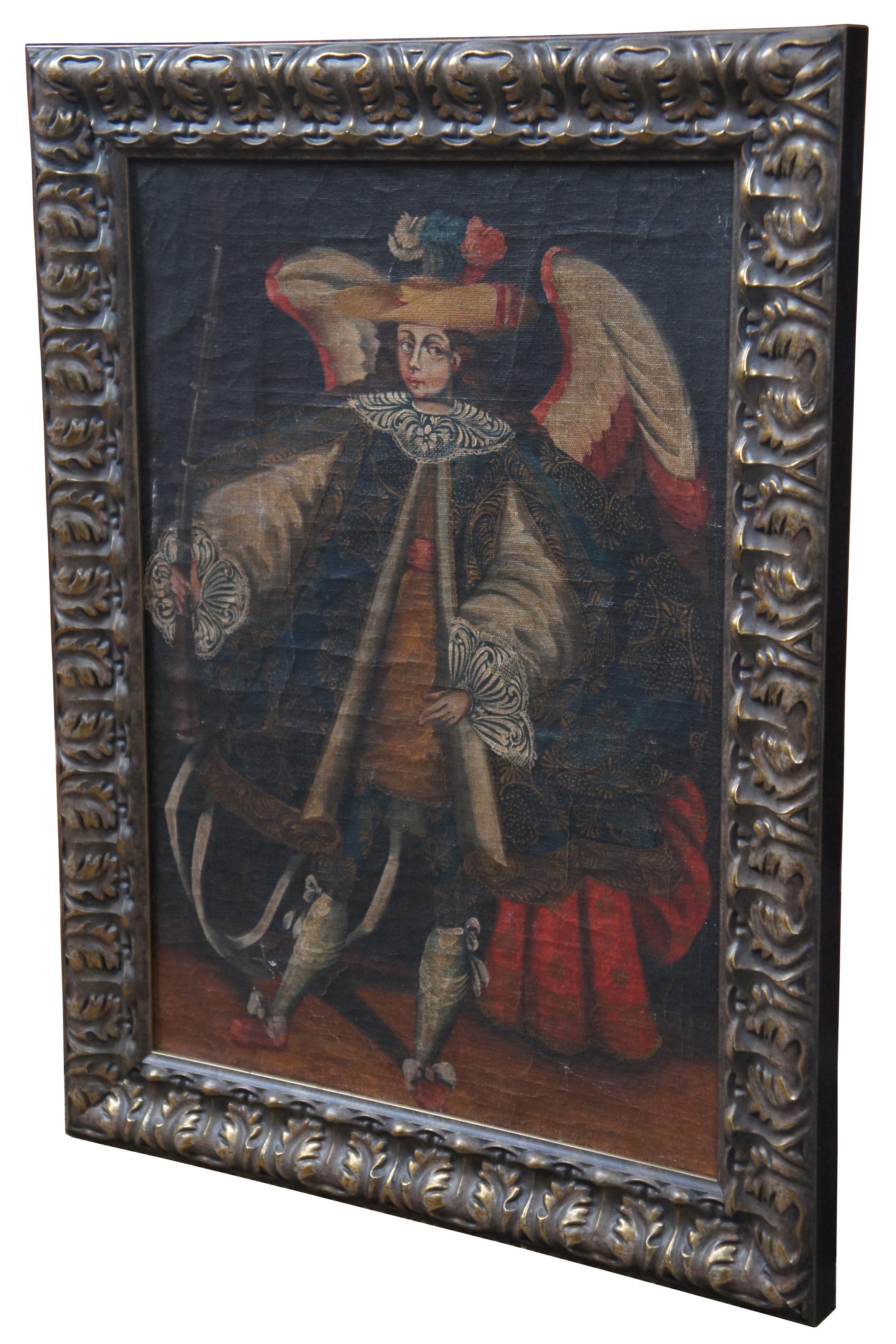 Antique Spanish Colonial or Peruvian portrait oil painting of Angel Arcabucero on canvas.

Ángel arcabucero is an angel depicted with an arquebus instead of the sword traditional for martial angels, dressed in clothing inspired by that of the