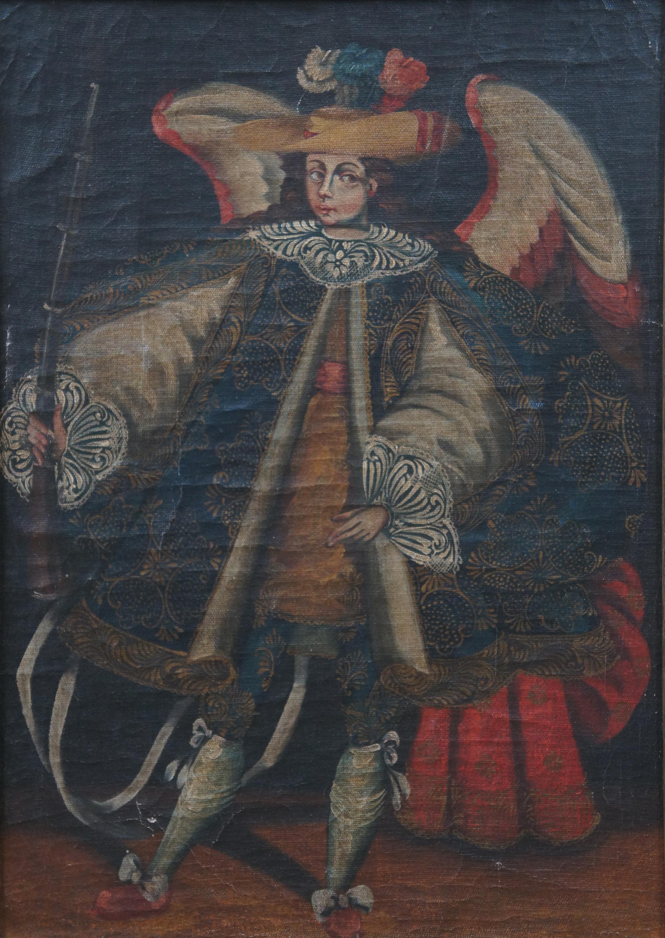 Antique 18th Century Angel Arcabucero Spanish Colonial Oil Painting Cuzco School In Good Condition In Dayton, OH