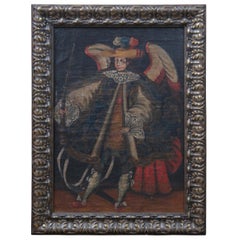 Antique 18th Century Angel Arcabucero Spanish Colonial Oil Painting Cuzco School