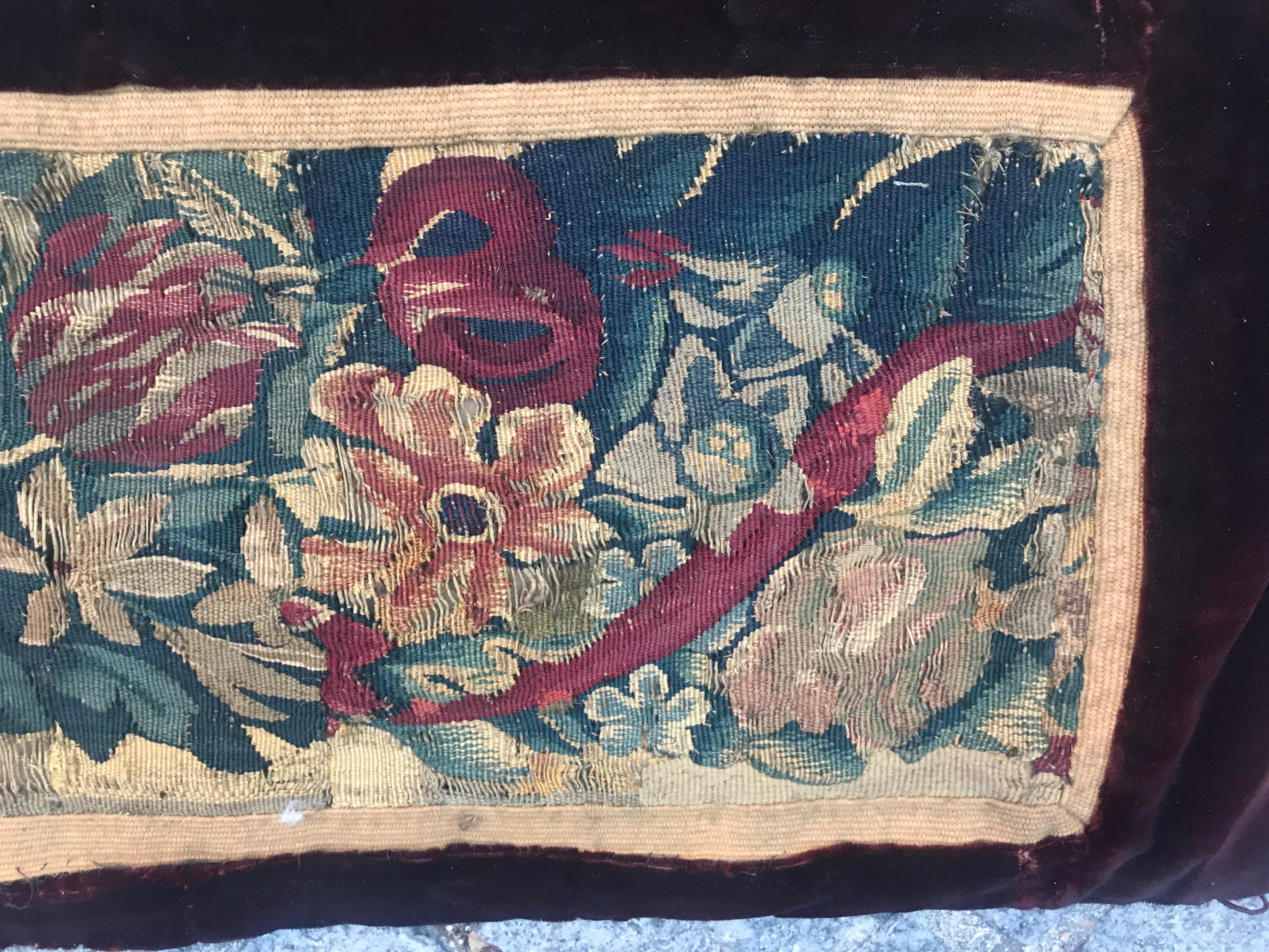Beautiful Aubusson border tapestry, from 18th century, with nice floral design, applied on velvet foundation, entirely handwoven with silk and wool.