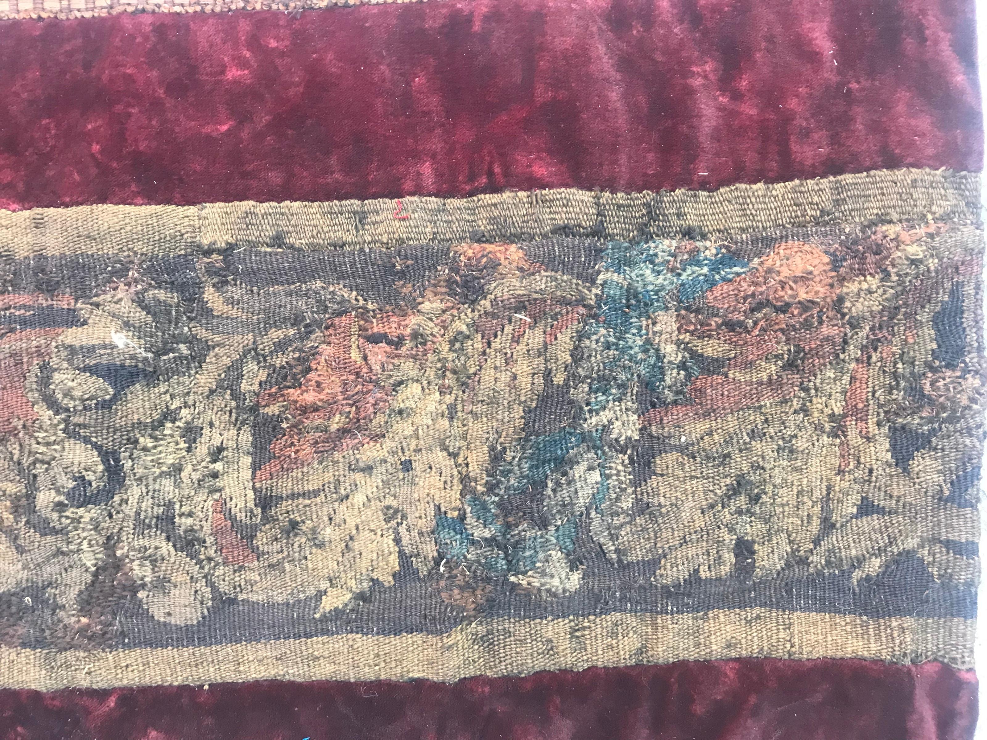 Aubusson panel 18th century tapestry, from a border fragment, entirely handwoven with silk and wool, applied on velvet foundation.