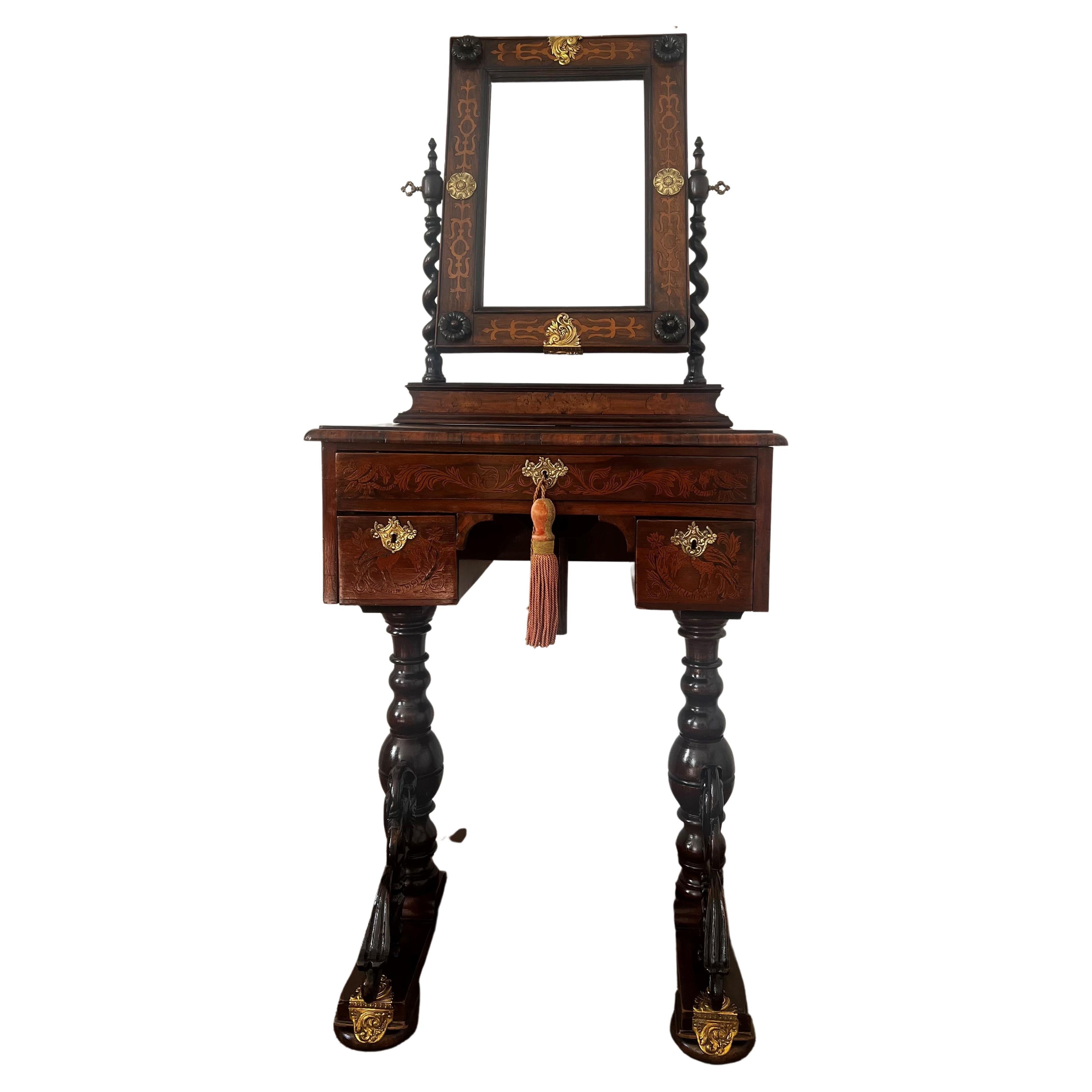 Ancienne table de toilette baroque du XVIIIe siècle avec miroir