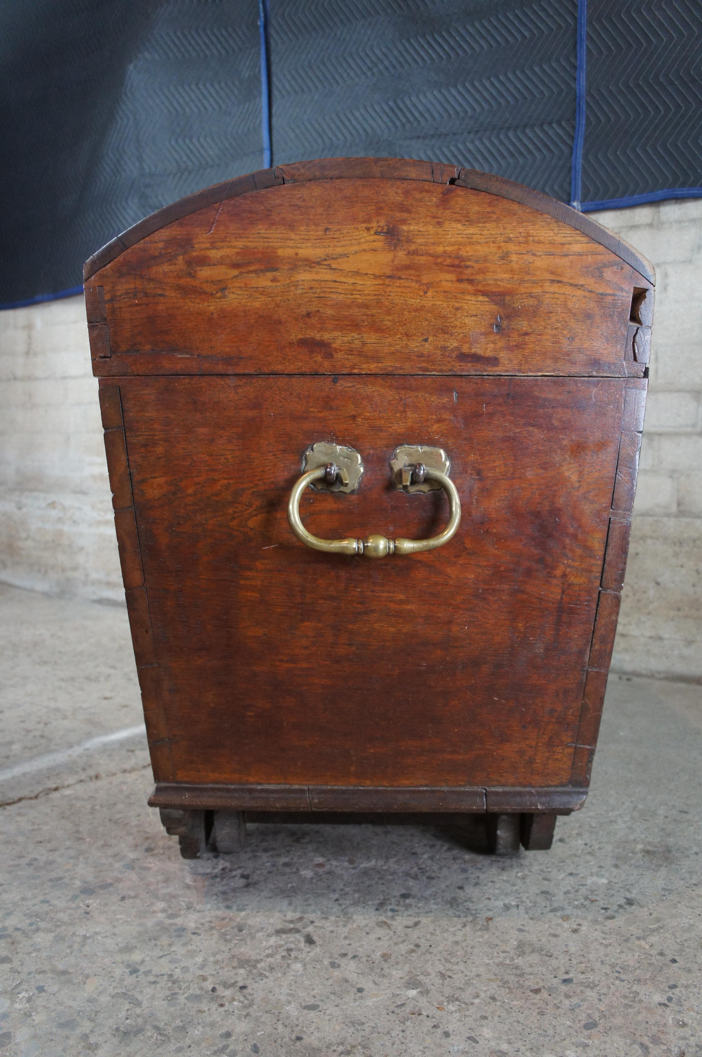 Antique 18th Century Baroque Oak Brass Dome Top Hope Chest Trunk Coffer Box 49