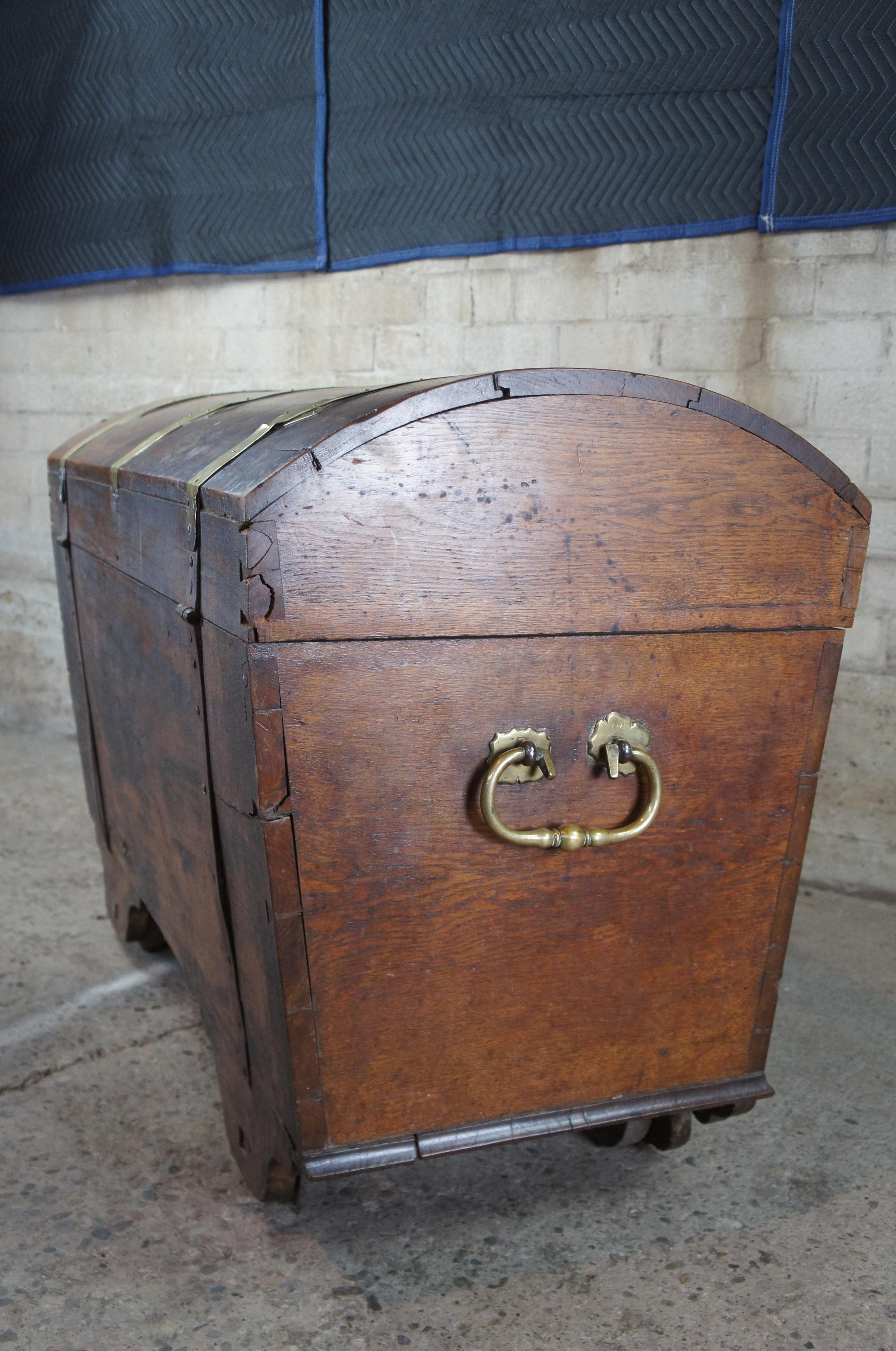 Antique 18th Century Baroque Oak Brass Dome Top Hope Chest Trunk Coffer Box 49