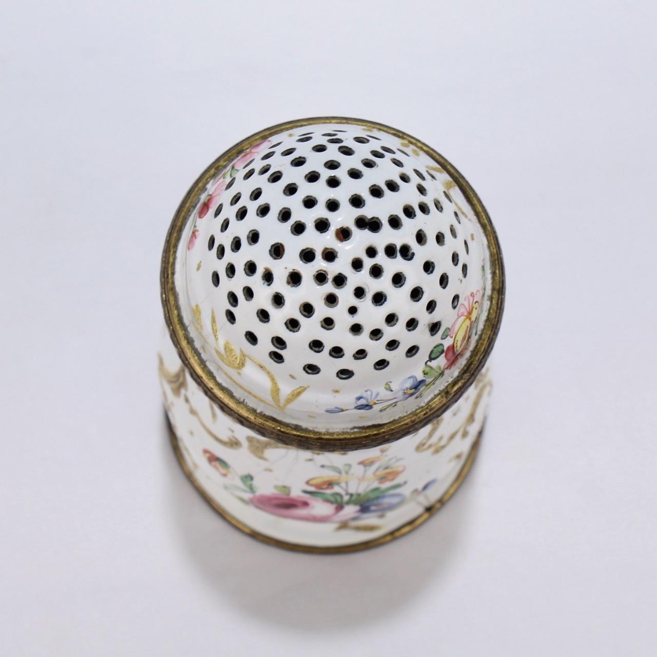 George II Antique 18th Century Bilston Battersea Enamel Muffineer or Sugar Shaker For Sale