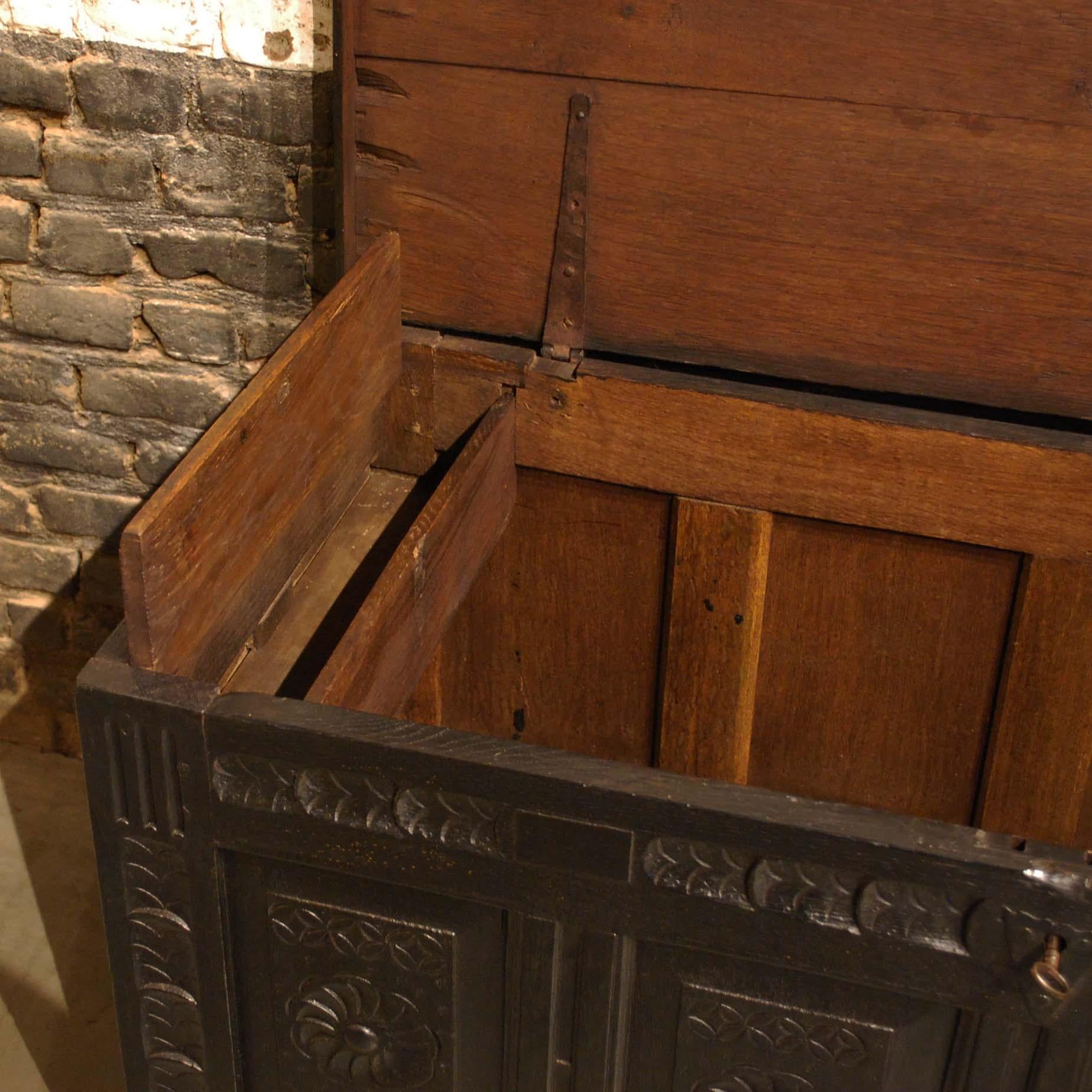 Antique 18th Century Black Carved Oak Dutch Renaissance Chest For Sale 7