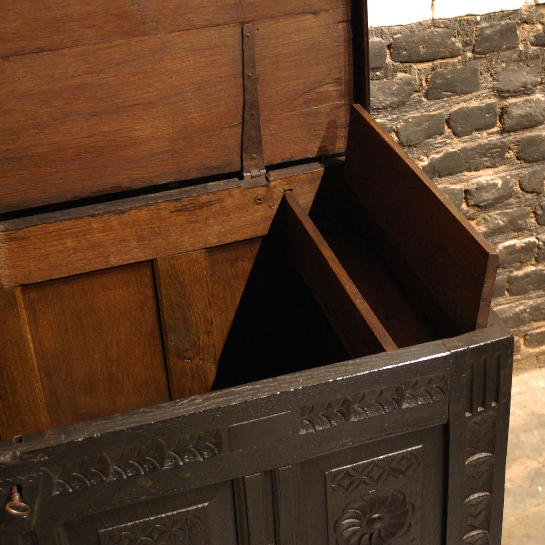 Antique 18th Century Black Carved Oak Dutch Renaissance Chest For Sale 8