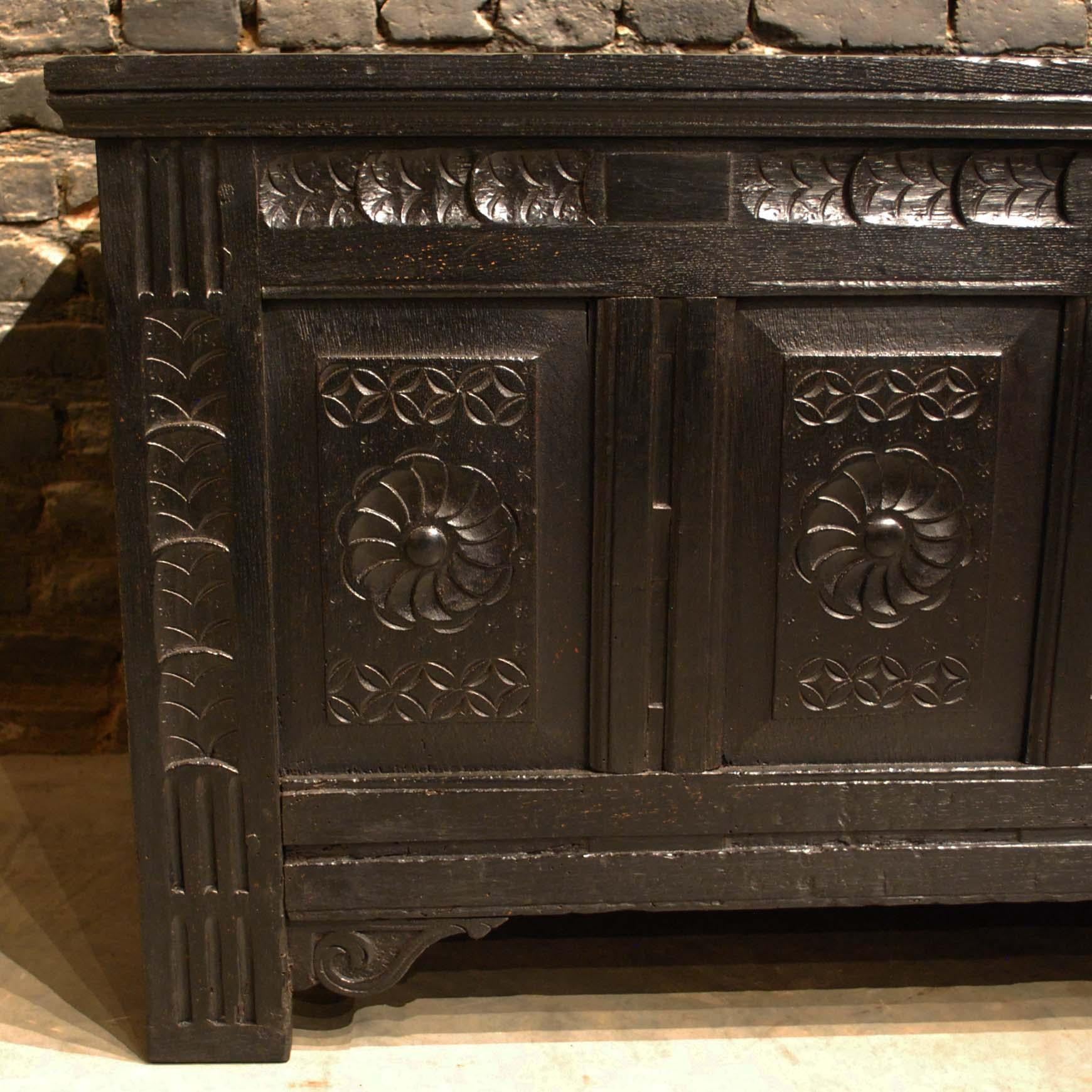 Antique 18th Century Black Carved Oak Dutch Renaissance Chest For Sale 9