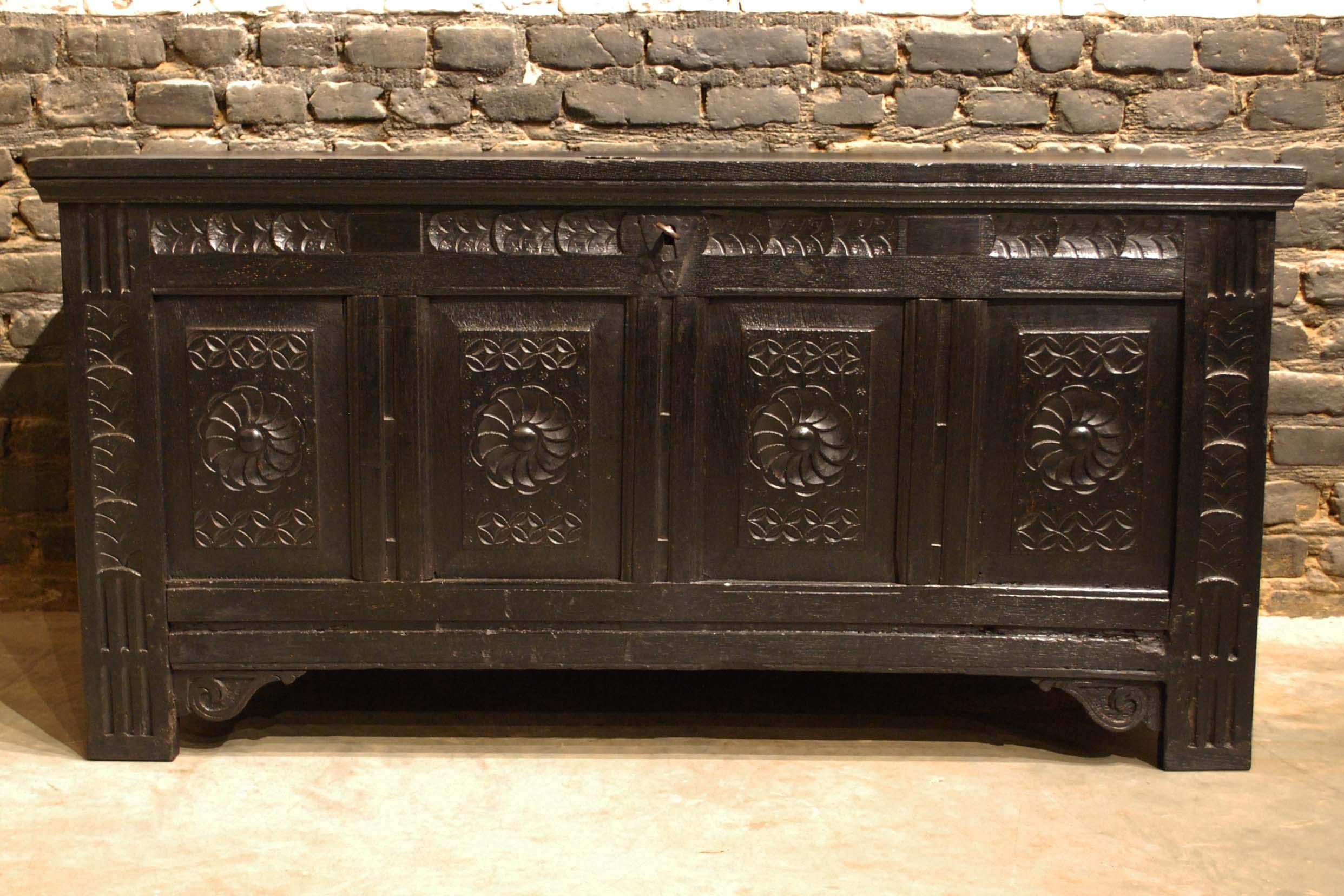 Antique 18th Century Black Carved Oak Dutch Renaissance Chest In Good Condition For Sale In Casteren, NL