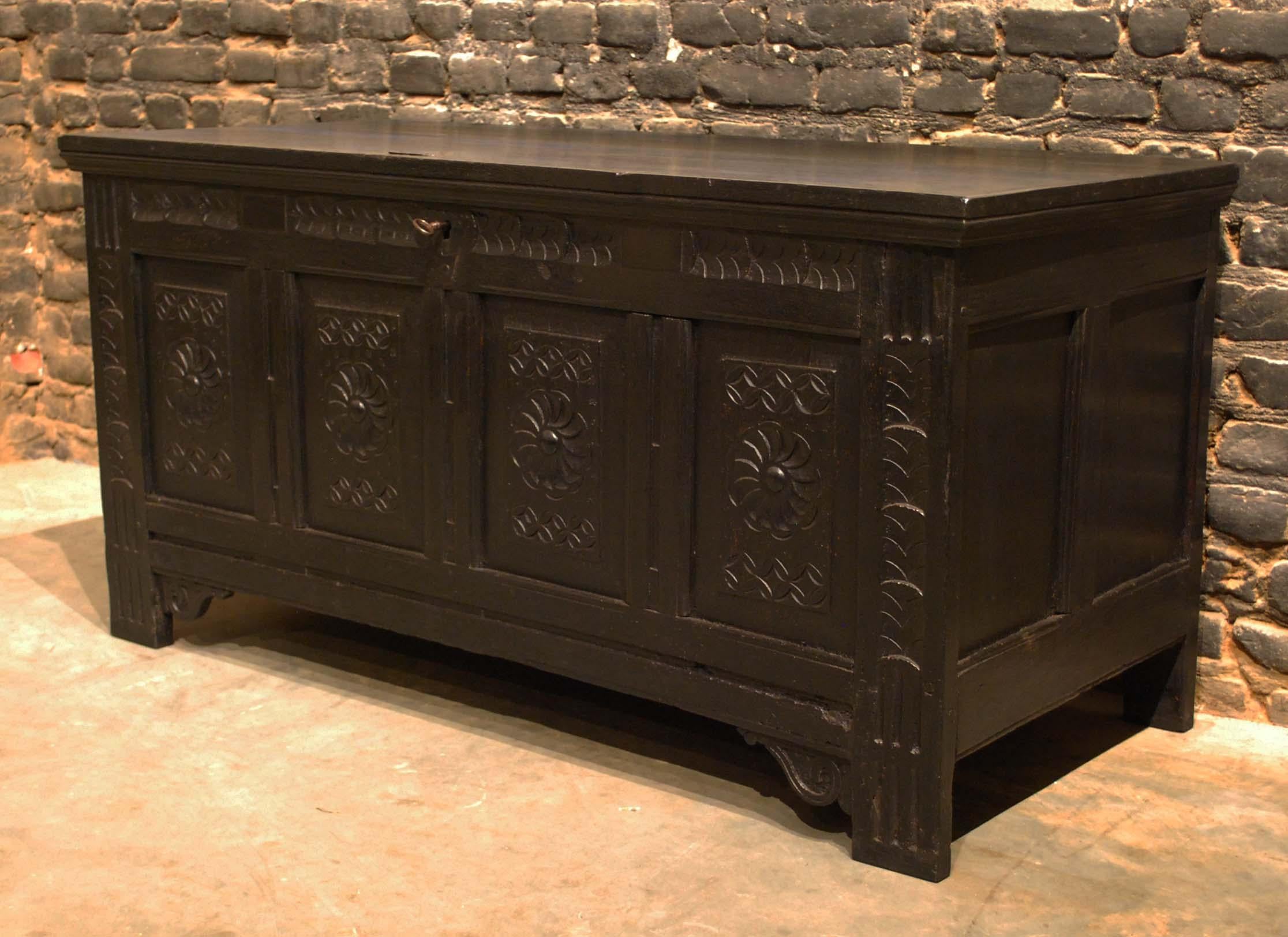 Antique 18th Century Black Carved Oak Dutch Renaissance Chest For Sale 2