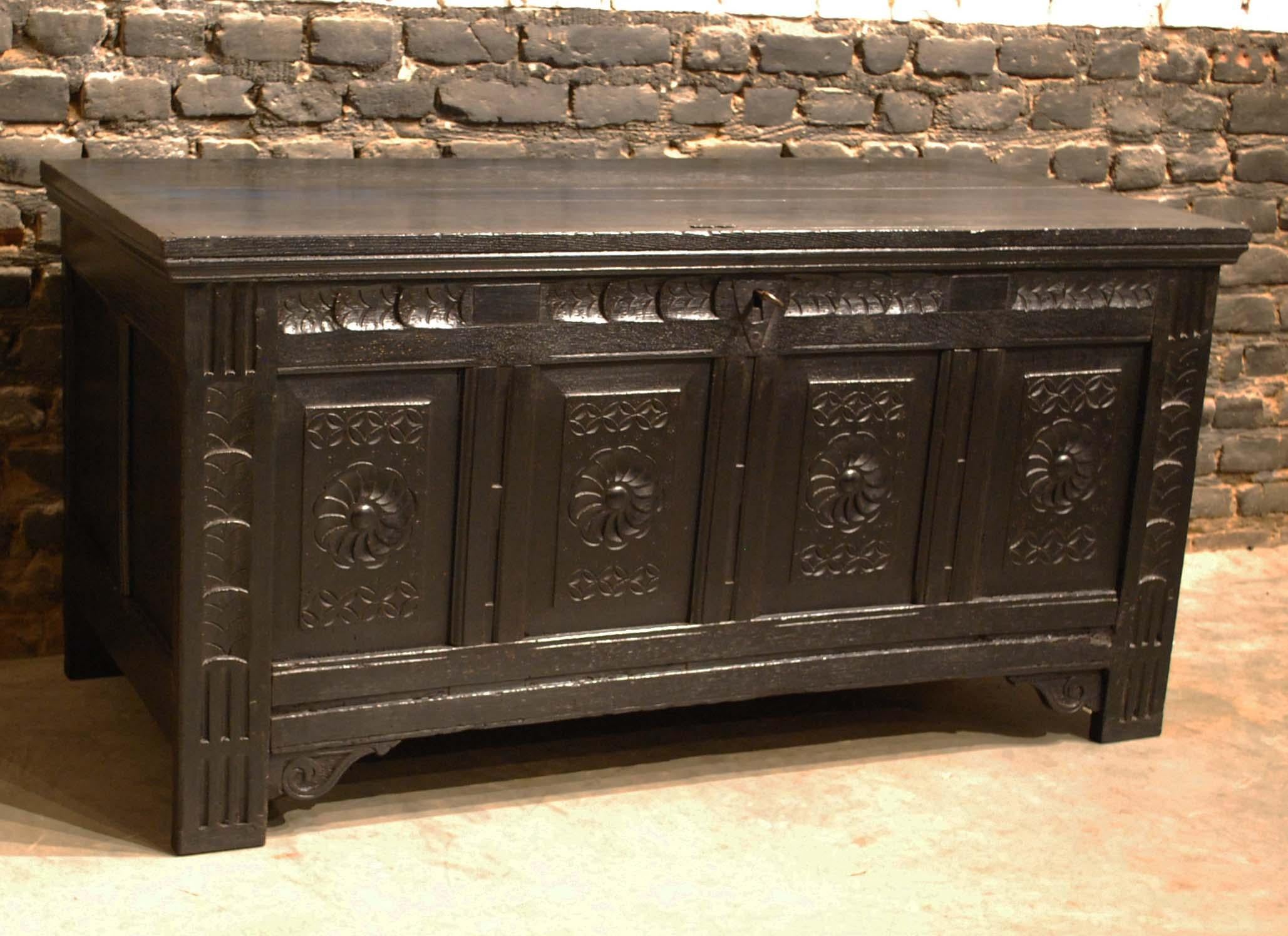 Antique 18th Century Black Carved Oak Dutch Renaissance Chest For Sale 3