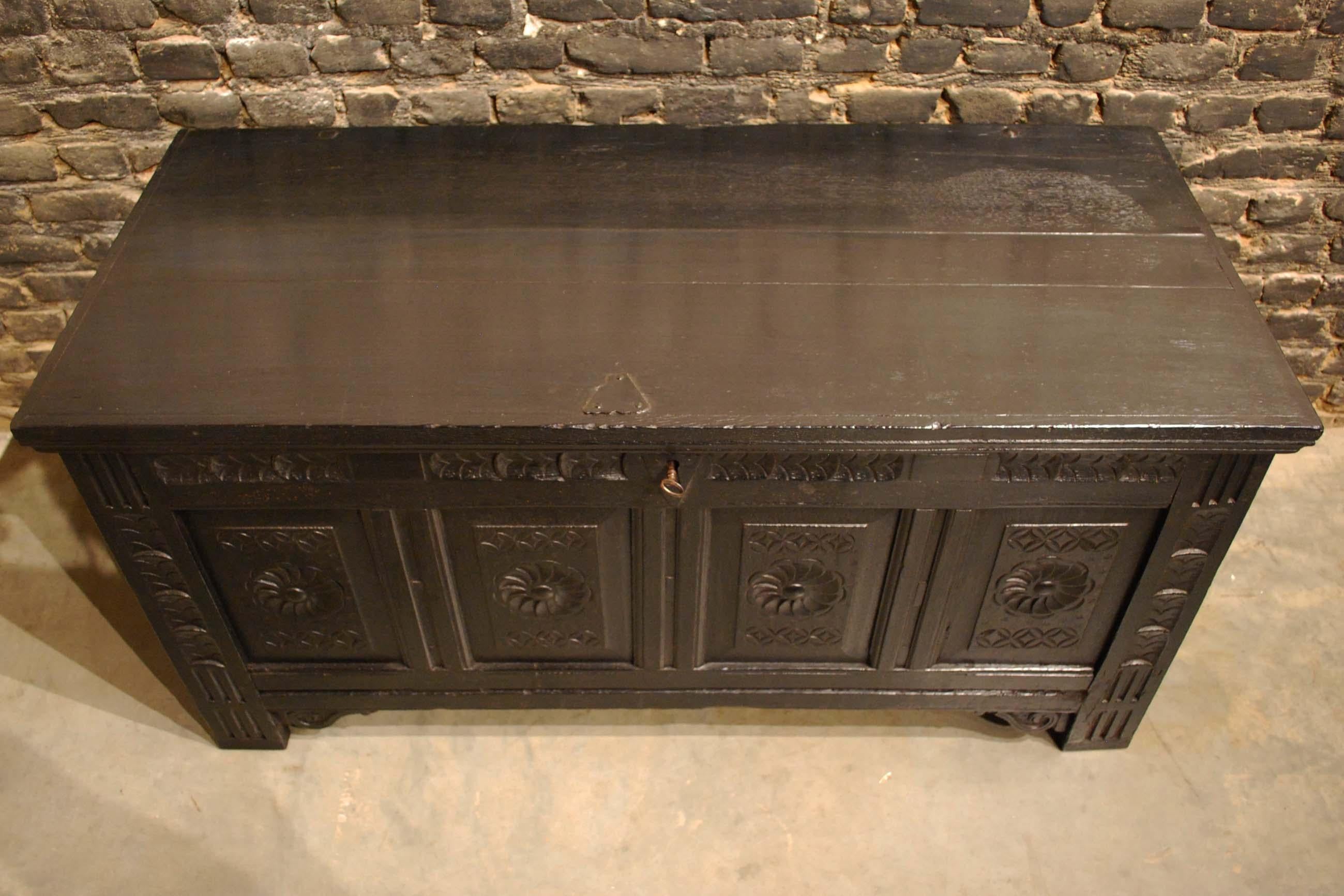 Antique 18th Century Black Carved Oak Dutch Renaissance Chest For Sale 4