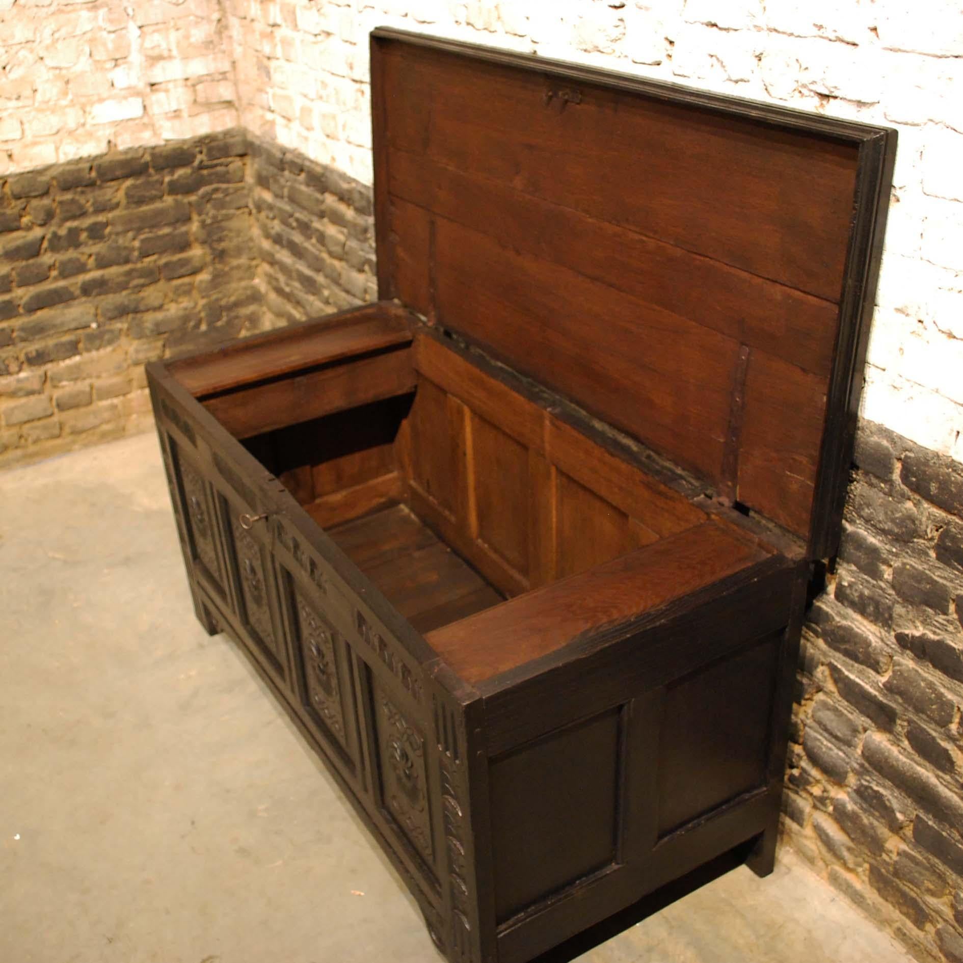 Antique 18th Century Black Carved Oak Dutch Renaissance Chest For Sale 5