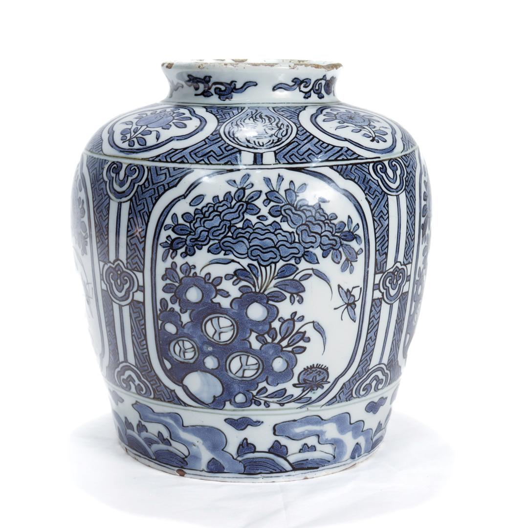 Baroque Antique 18th Century Blue & White Dutch Delft Chinoserie Jar or Vase For Sale