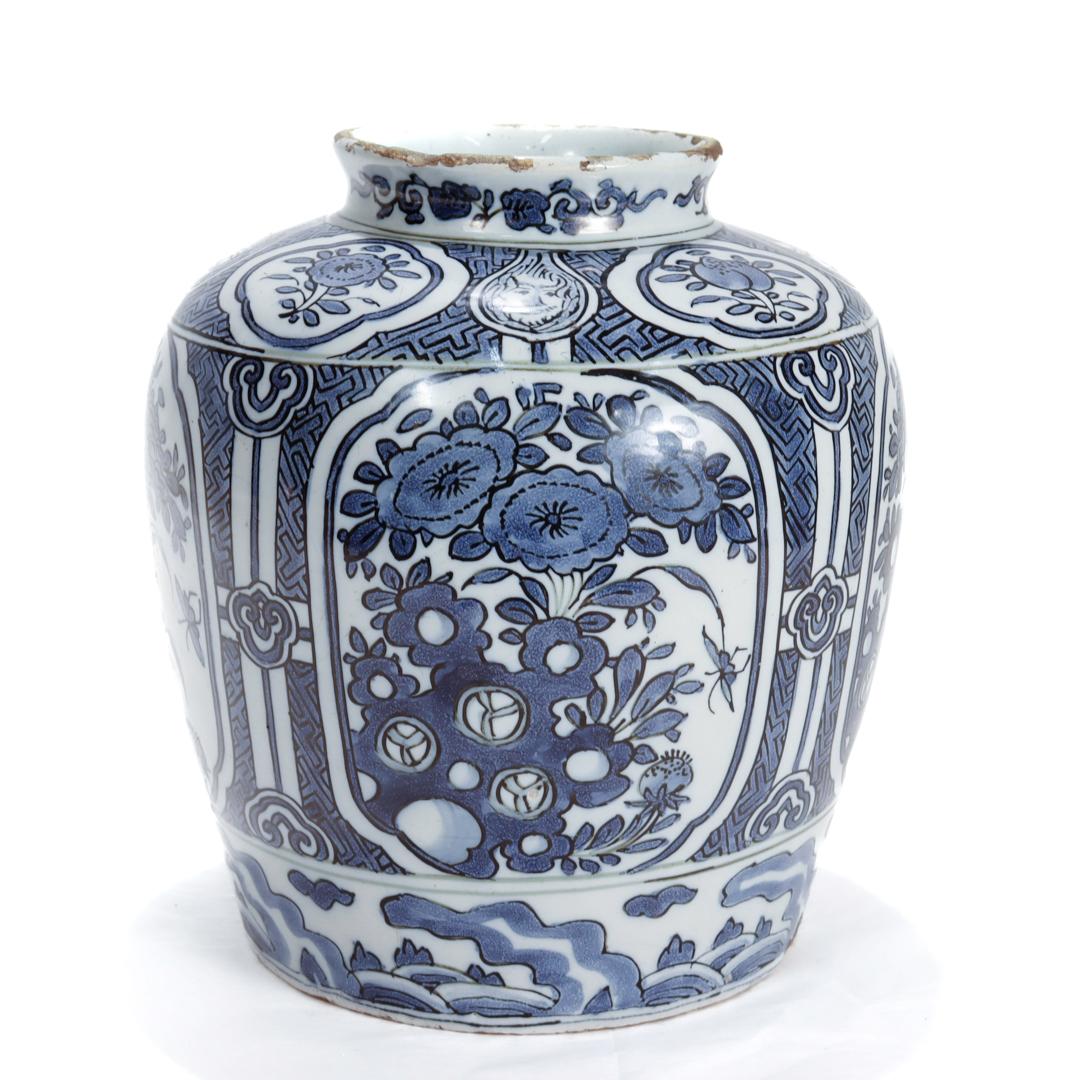 Glazed Antique 18th Century Blue & White Dutch Delft Chinoserie Jar or Vase For Sale
