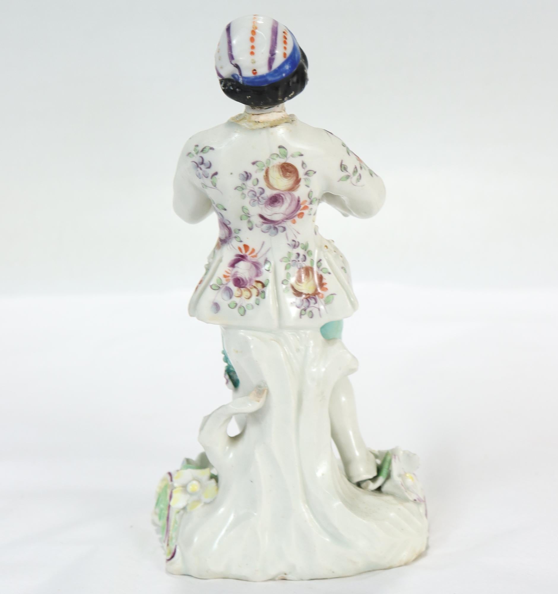 Antique 18th Century Bow English Porcelain Figure of a Flute Player  In Fair Condition For Sale In Philadelphia, PA