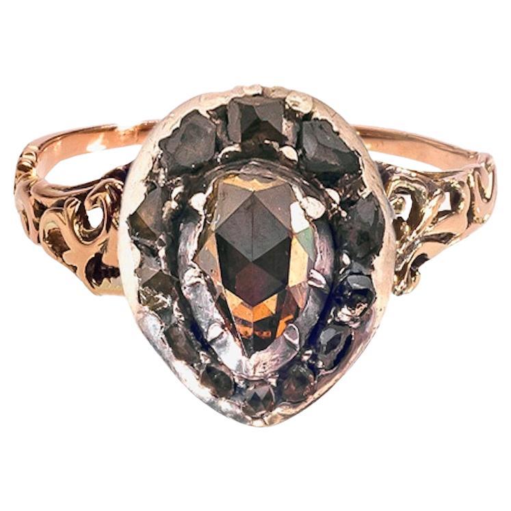 Antique 18th Century Brown Natural Diamond Rose Diamonds Heart Ring 14 Kt Gold For Sale