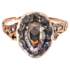 Antique 18th Century Brown Natural Diamond Rose Diamonds Heart Ring 14 Kt Gold