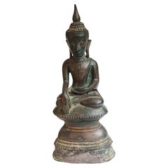 Antico Buddha Shan in bronzo birmano del XVIII secolo - Arte buddista asiatica