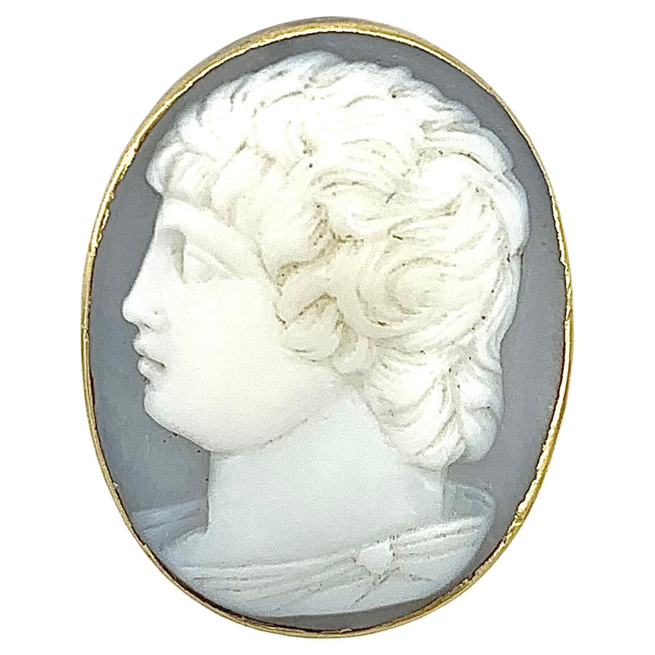 Antique 18th Century Button Cameo of a Young Man Shell Carving Silver For Sale