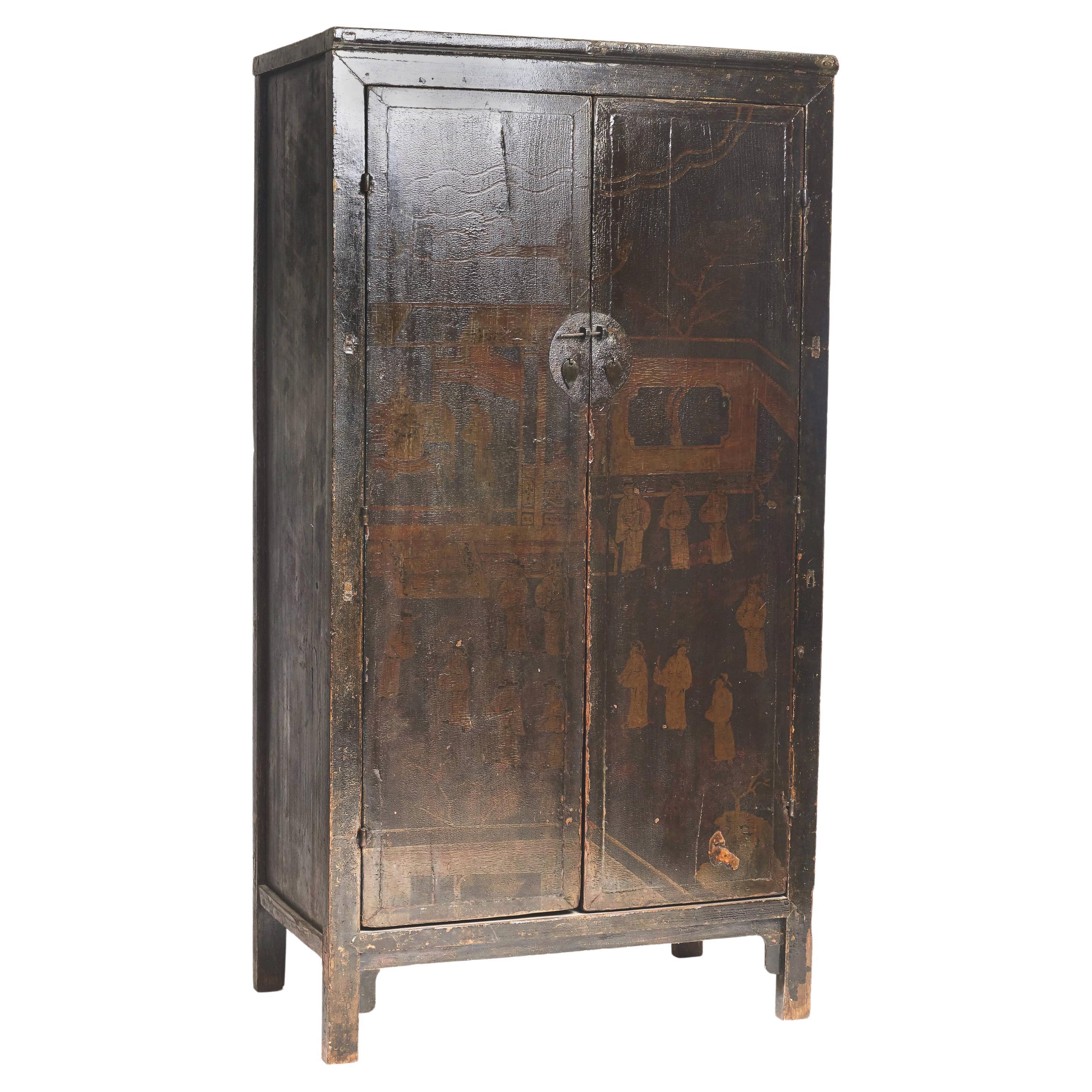 18Th Century Black/Brown lacquered With Decoration Cabinet From Shanxi Province For Sale