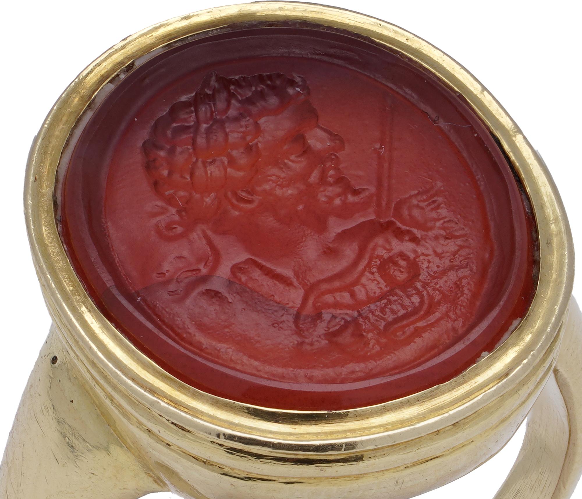 Antique 18th Century Carnelian Intaglio Ring
Featuring Roman Emperor Septimus Severus
Set in 18kt Yellow Gold

Key Features:

Stone: Carnelian Intaglio depicting Roman Emperor Septimus Severus
Setting: 18kt Yellow Gold
Era: 18th