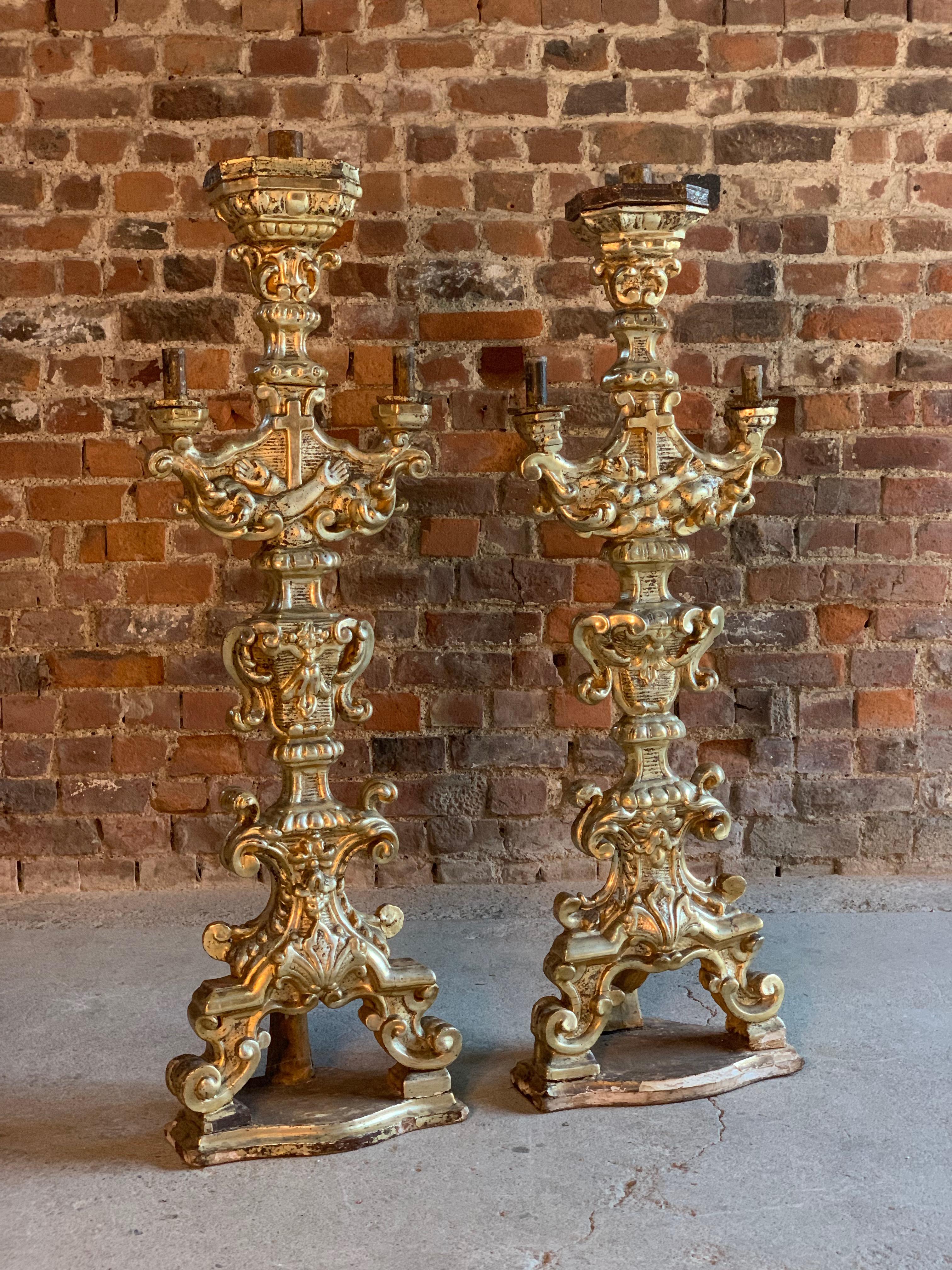 Antique 18th Century Carved Baroque Candlesticks Silvered Giltwood, circa 1750 5