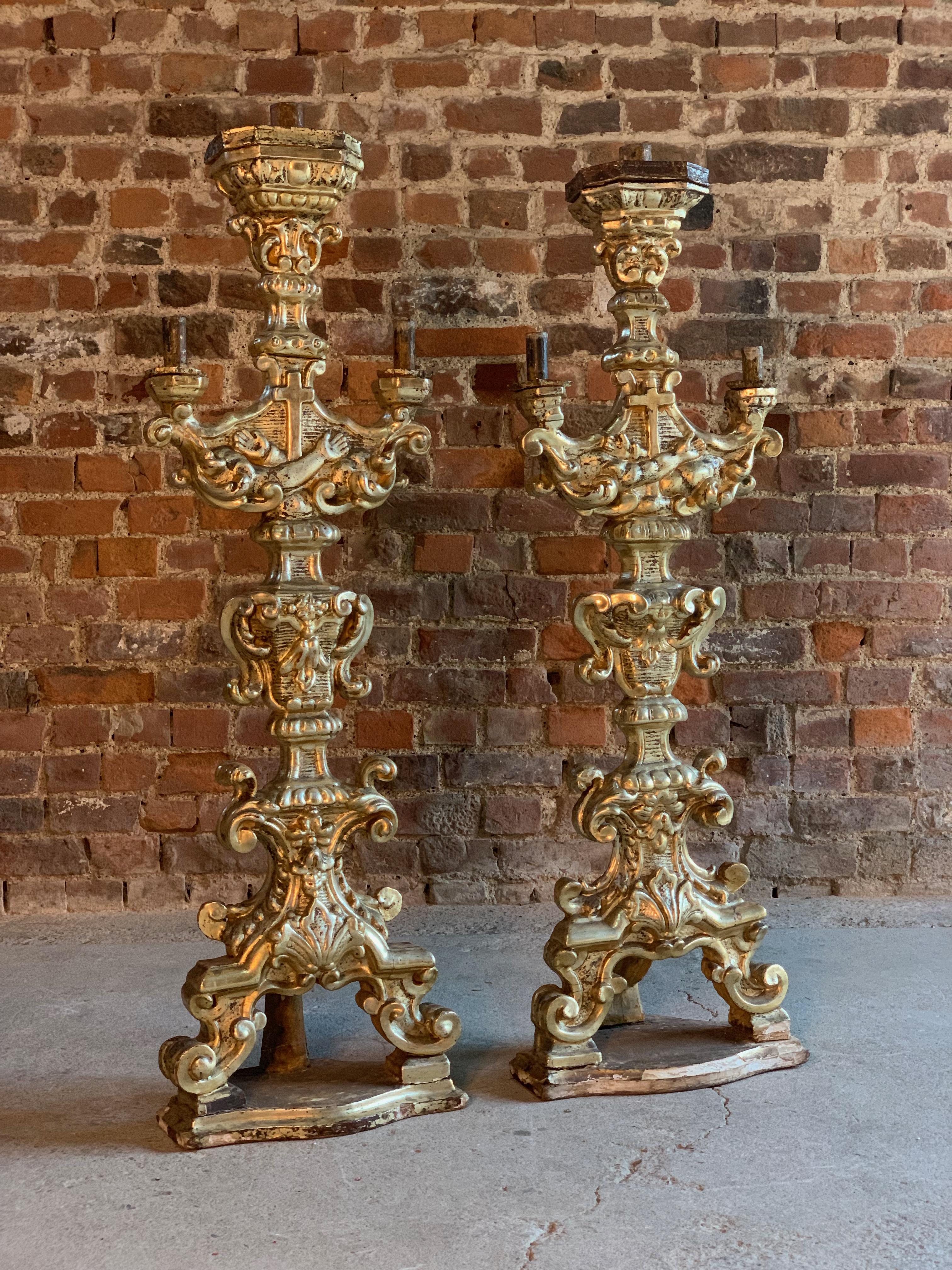 Antique 18th Century Carved Baroque Candlesticks Silvered Giltwood, circa 1750 6