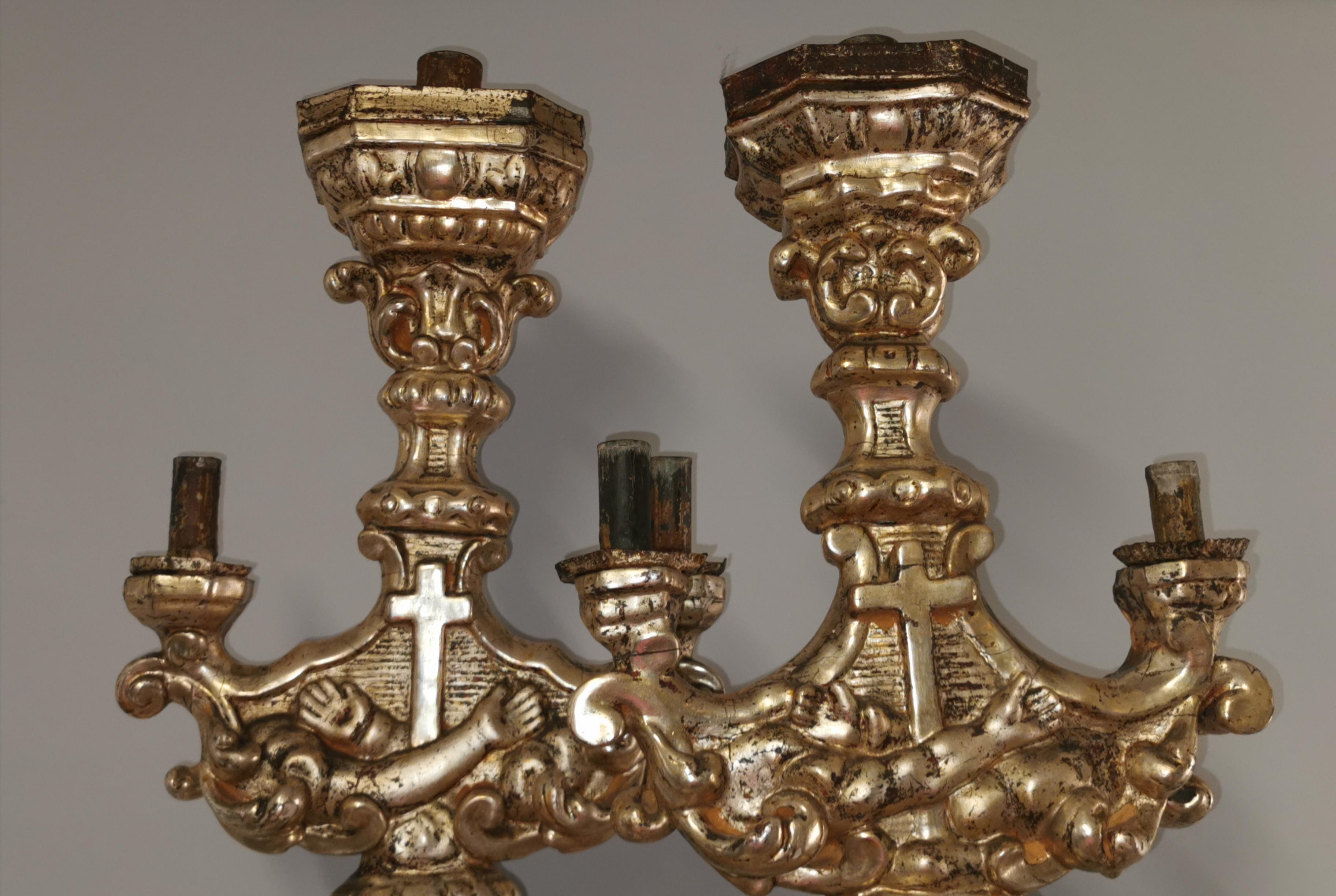 Antique 18th Century Carved Baroque Candlesticks Silvered Giltwood, circa 1750 8