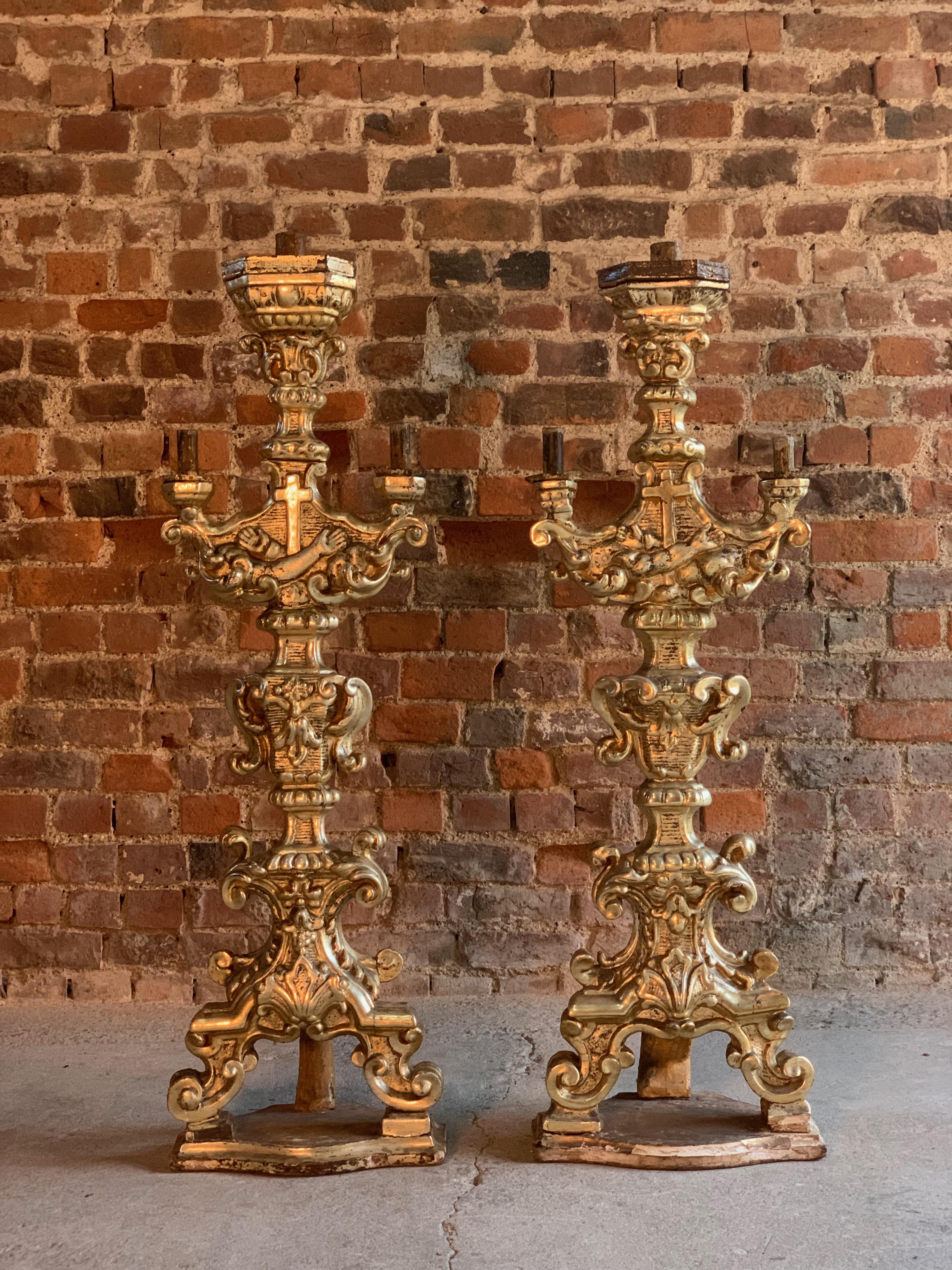 Mid-18th Century Antique 18th Century Carved Baroque Candlesticks Silvered Giltwood, circa 1750