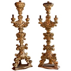 Antique 18th Century Carved Baroque Candlesticks Silvered Giltwood, circa 1750