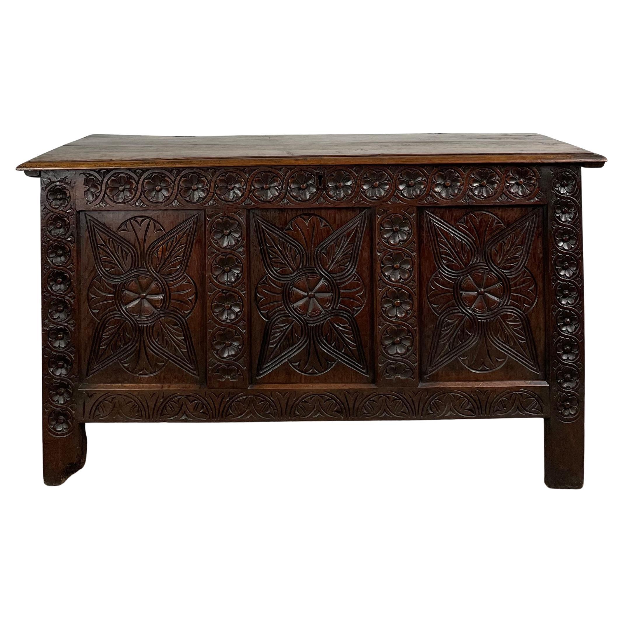 Antique 18th Century Carved Oak Coffer / Blanket Box ( REF AF-1985 )