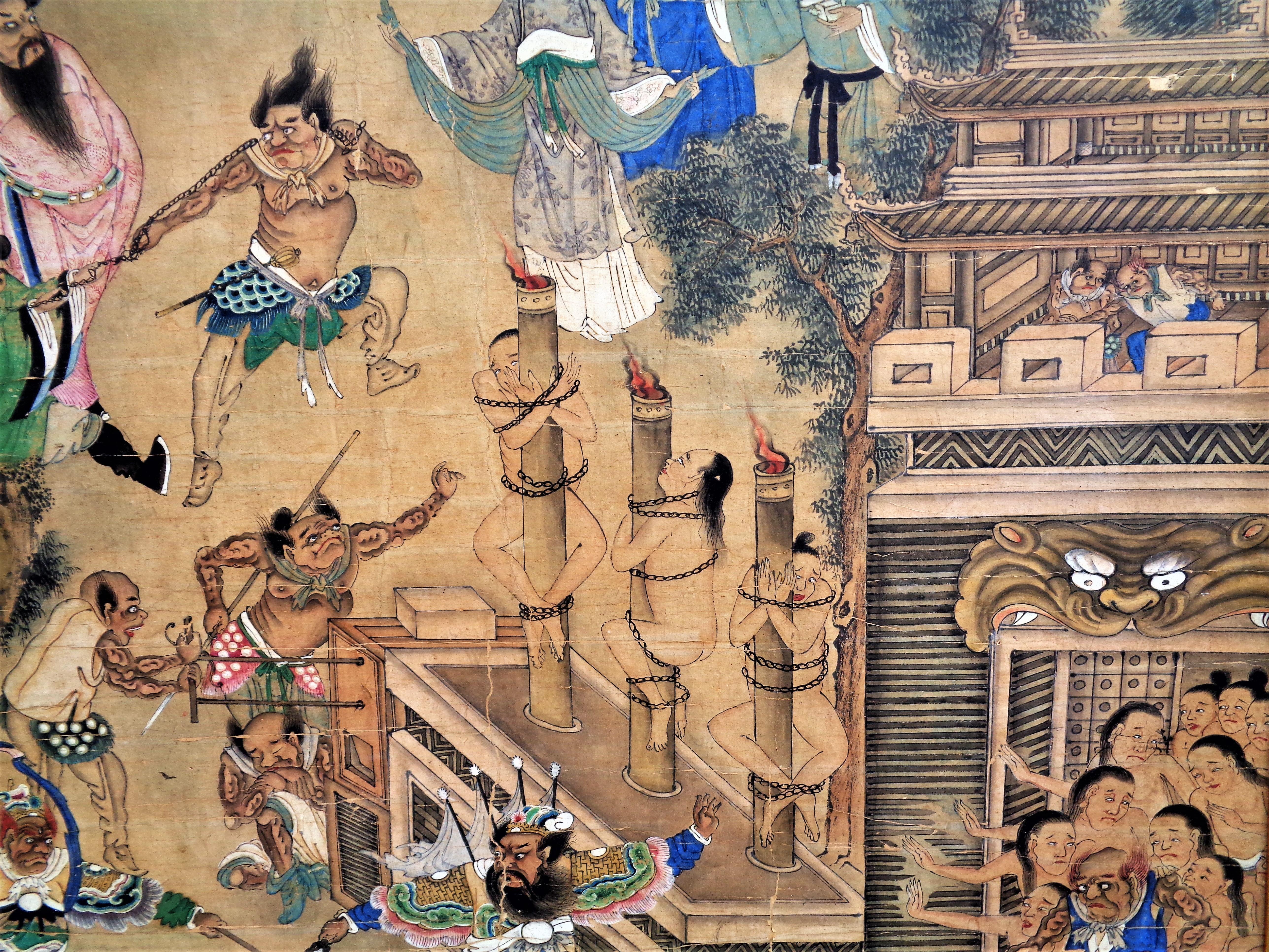 Peinture bouddhiste chinoise ancienne du 18ème siècle - Roi de l'enfer en vente 11