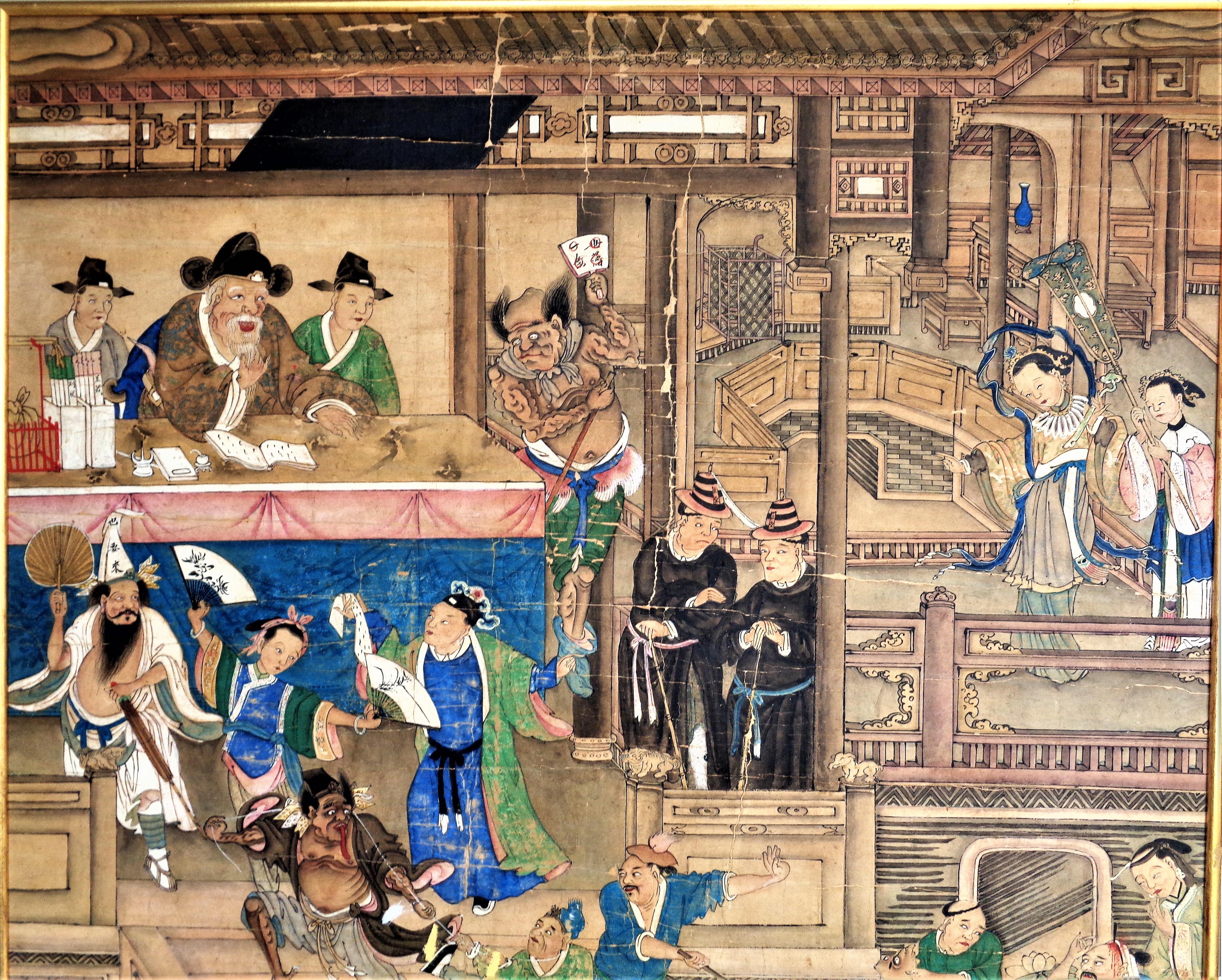Ancienne peinture bouddhiste chinoise sur papier avec des détails extraordinairement fins et des couleurs riches et vives magnifiquement vieillies. Nous pensons qu'il s'agit d'une représentation du roi de l'enfer. XVIIIe siècle et peut-être avant.