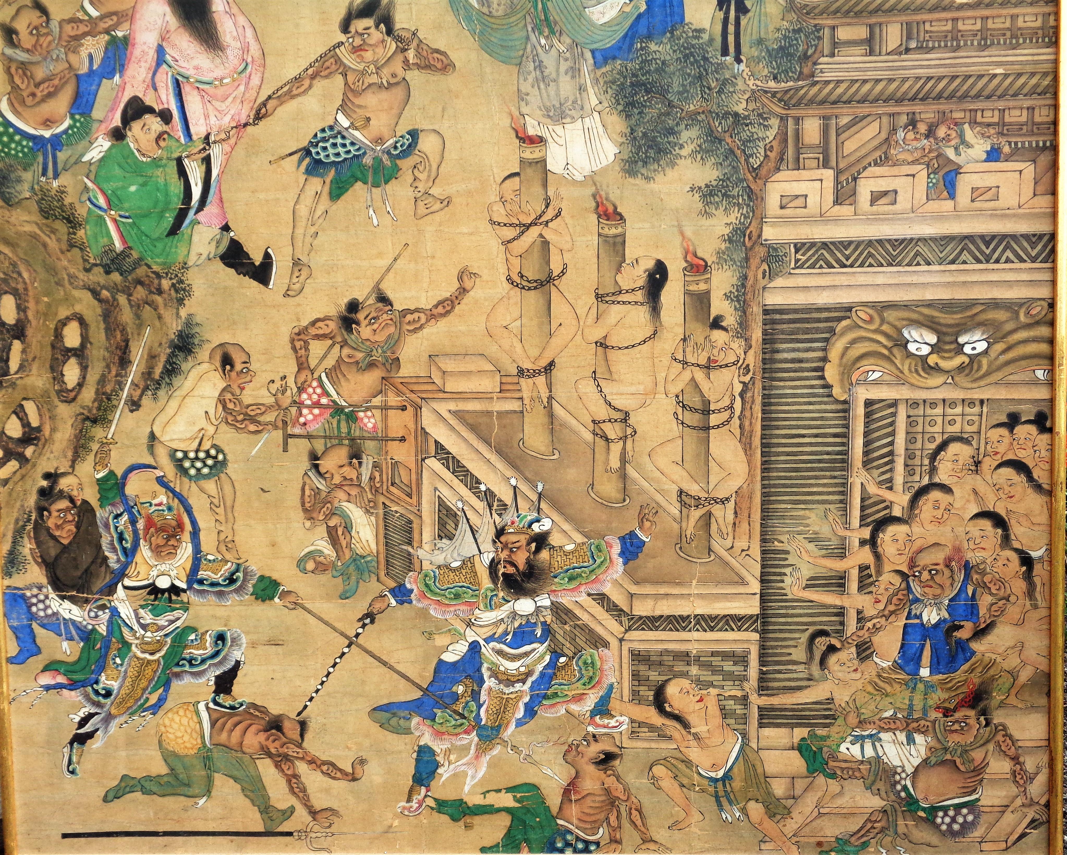 Qing Peinture bouddhiste chinoise ancienne du 18ème siècle - Roi de l'enfer en vente