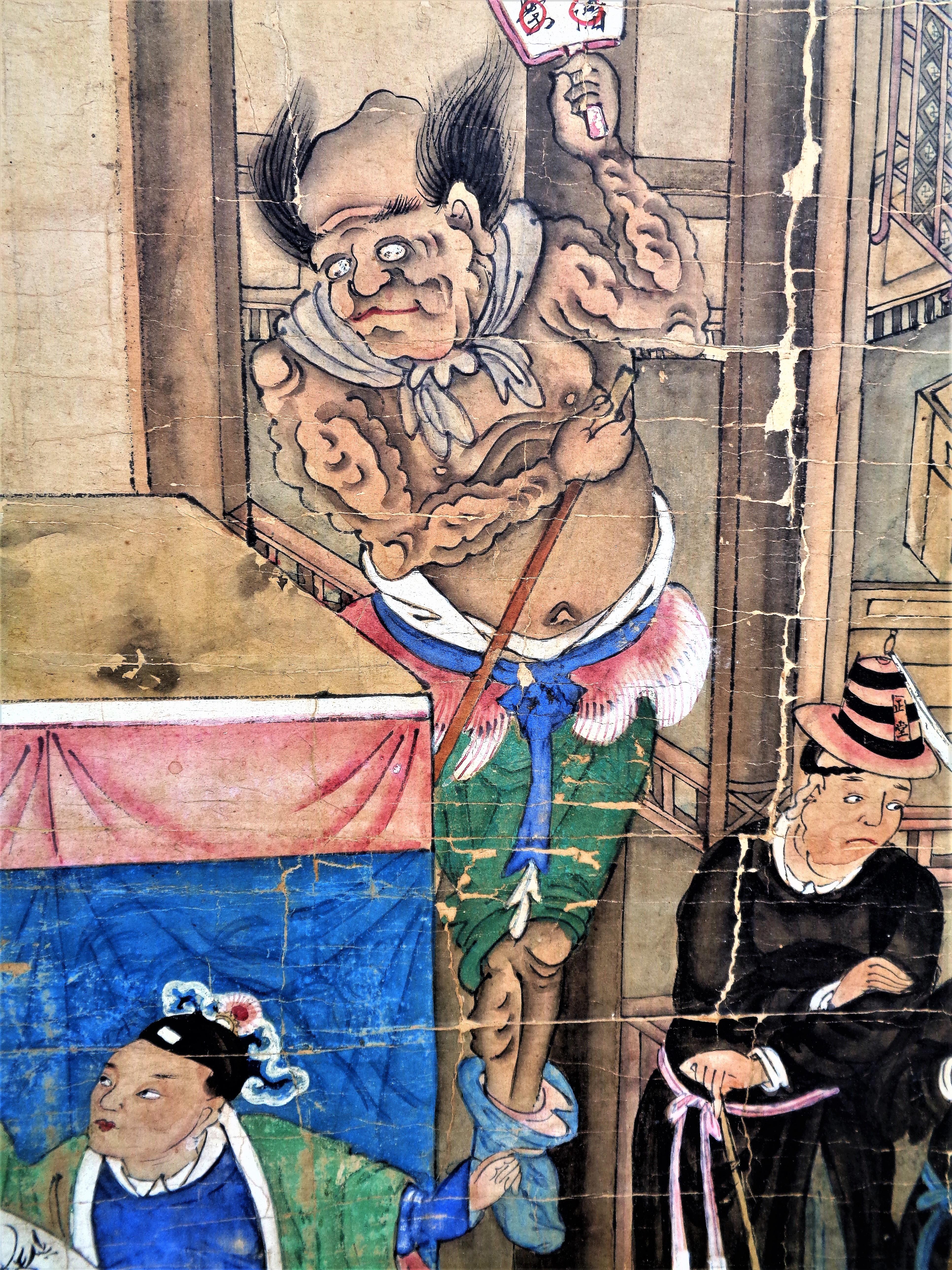 Hand-Painted Antique 18th Century Chinese Buddhist Painting King of Hell For Sale