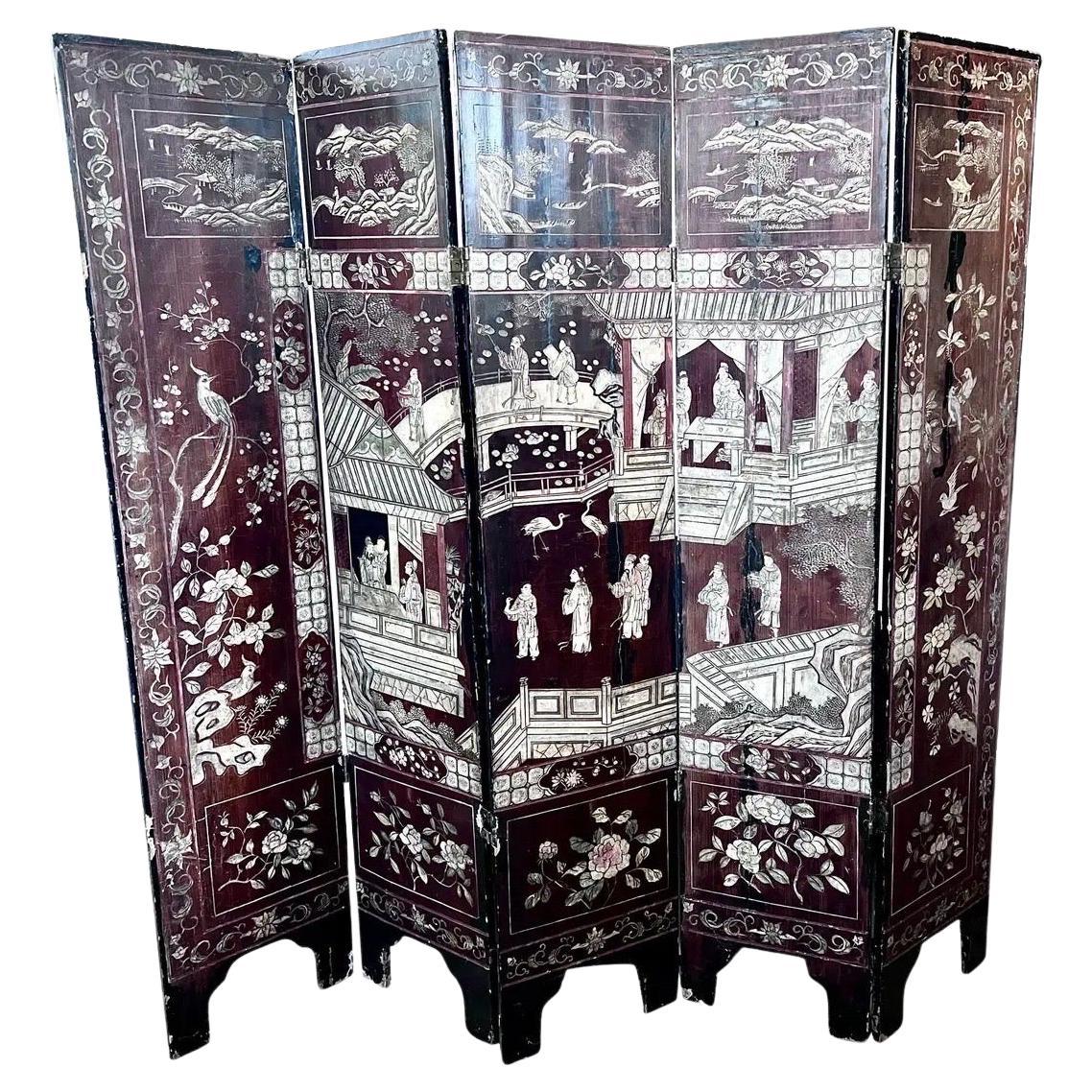 Antique 19th Century Chinese Carved Rare 5-Panel Screen Room Divider