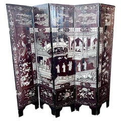 Antique 19th Century Chinese Carved Rare 5-Panel Screen Room Divider