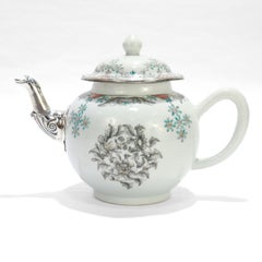 Antique 18th Century Chinese Export Porcelain Teapot with Silver Spout