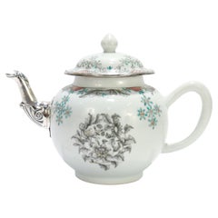 Antique 18th Century Chinese Export Porcelain Teapot with Silver Spout
