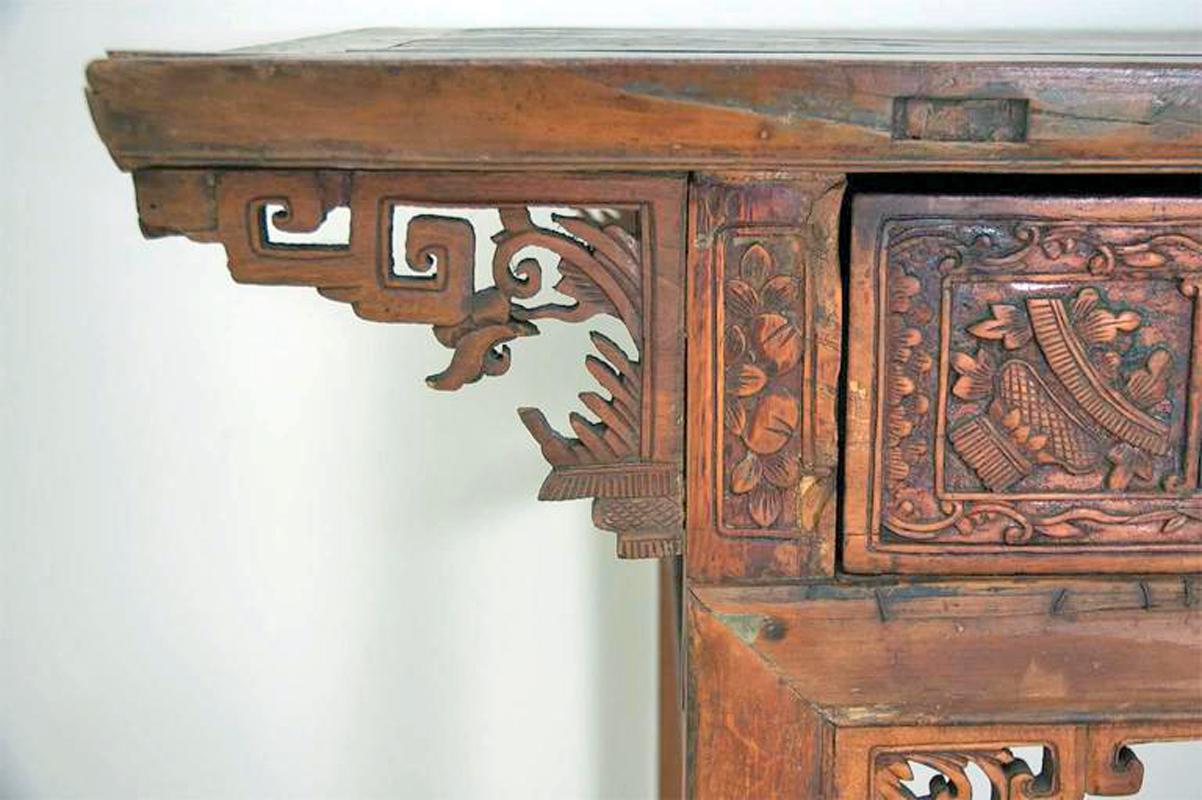 Antique 18th Century Chinese Qing Altar Table with Fine Carvings & Drawers 2
