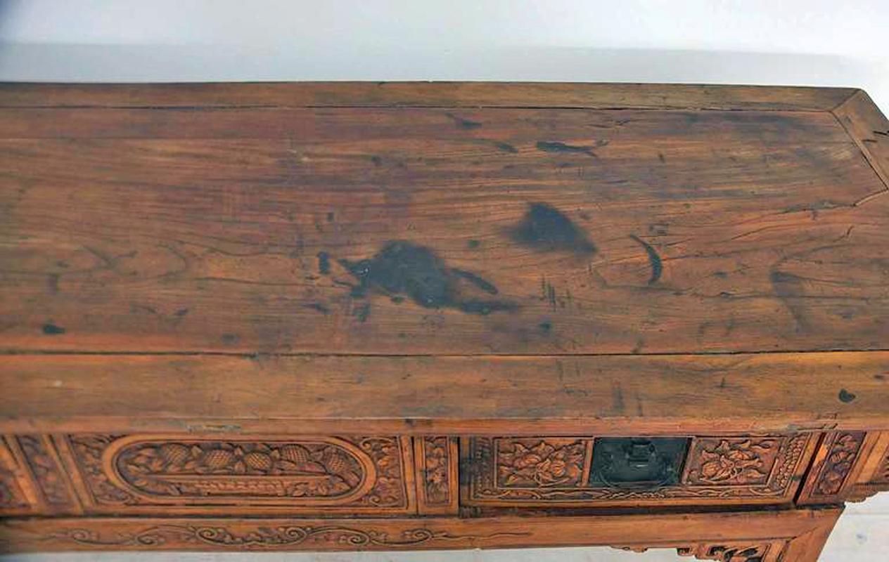 Carved Antique 18th Century Chinese Qing Altar Table with Fine Carvings & Drawers For Sale