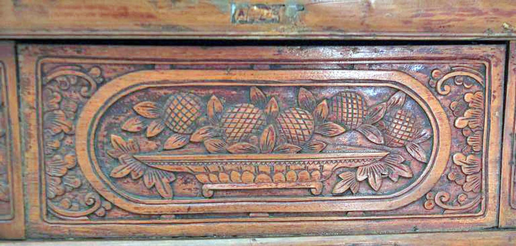 Wood Antique 18th Century Chinese Qing Altar Table with Fine Carvings & Drawers For Sale