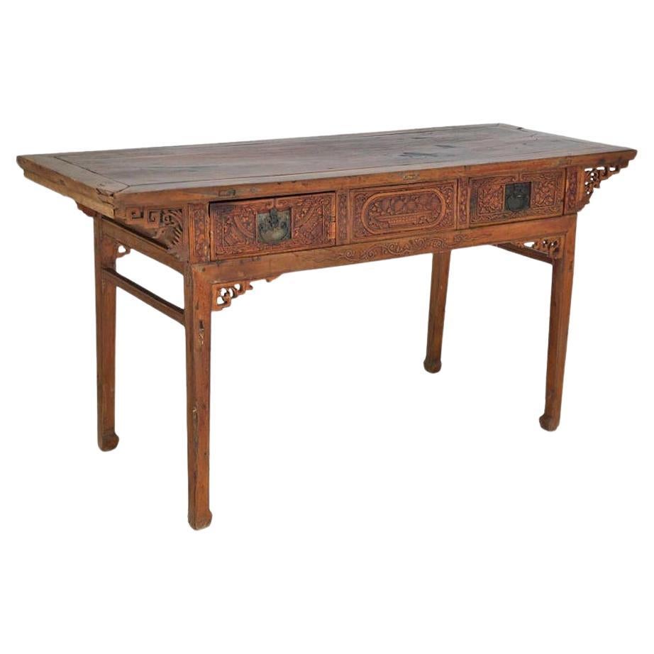 Antique 18th Century Chinese Qing Altar Table with Fine Carvings & Drawers For Sale